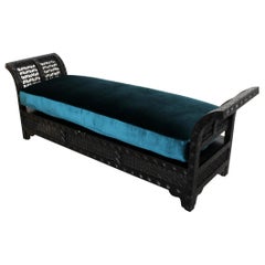 Contemporary Asian Morrocan Style Curved Carved Wood Chaise Blue Velvet
