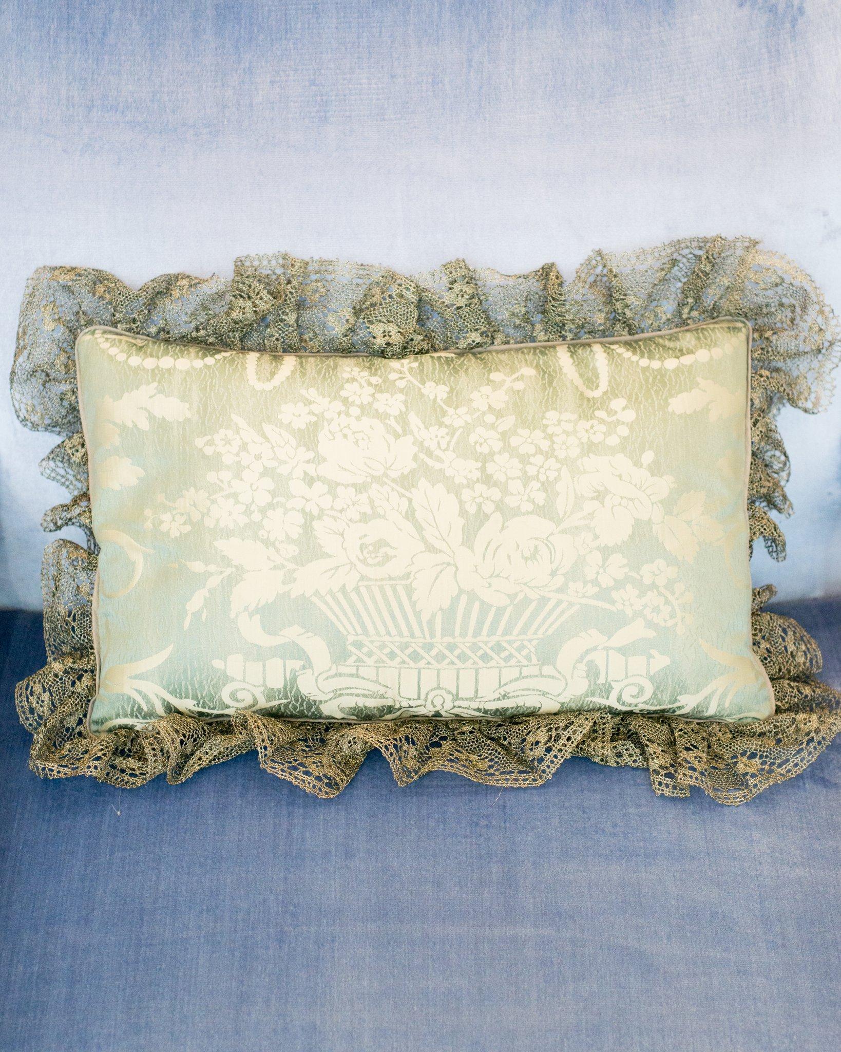 Canadian Contemporary Asymmetric Pair of Pale Blue Silk Damask Pillows with Metallic Lace
