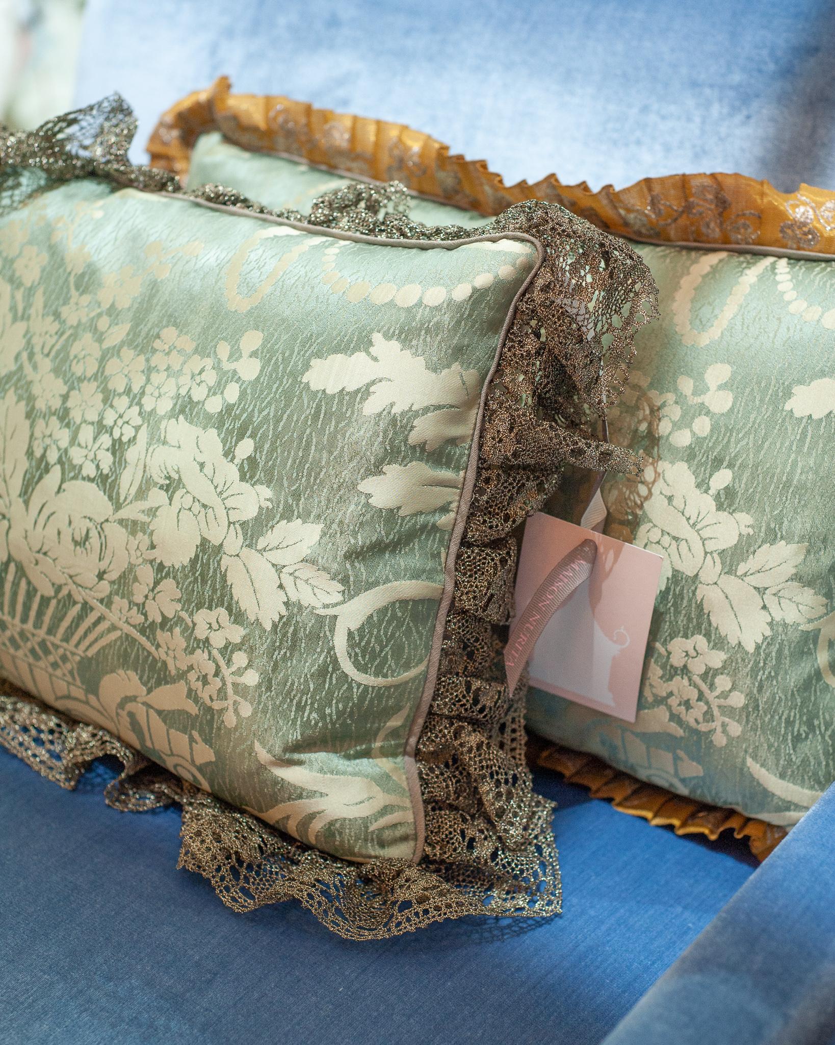 Contemporary Asymmetric Pair of Pale Blue Silk Damask Pillows with Metallic Lace In New Condition In Toronto, ON