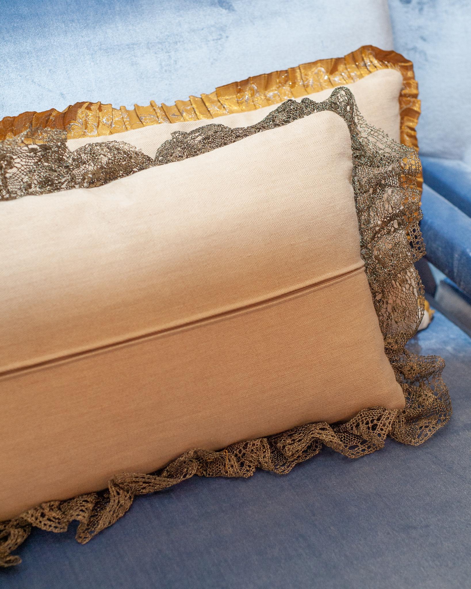 Metallic Thread Contemporary Asymmetric Pair of Pale Blue Silk Damask Pillows with Metallic Lace