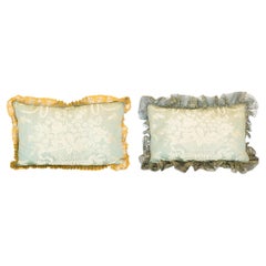 Contemporary Asymmetric Pair of Pale Blue Silk Damask Pillows with Metallic Lace