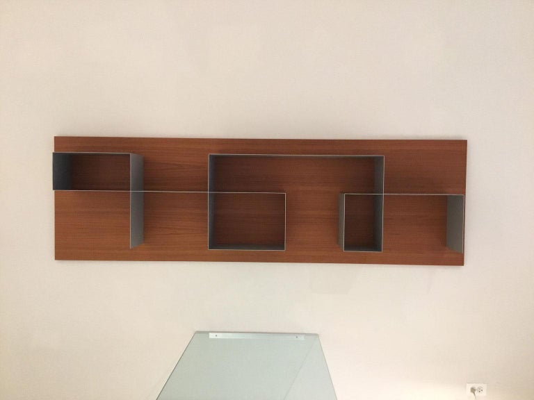 Modern Contemporary Asymmetrical Bookcase with Teak Wall Panel and Aluminum Shelving For Sale