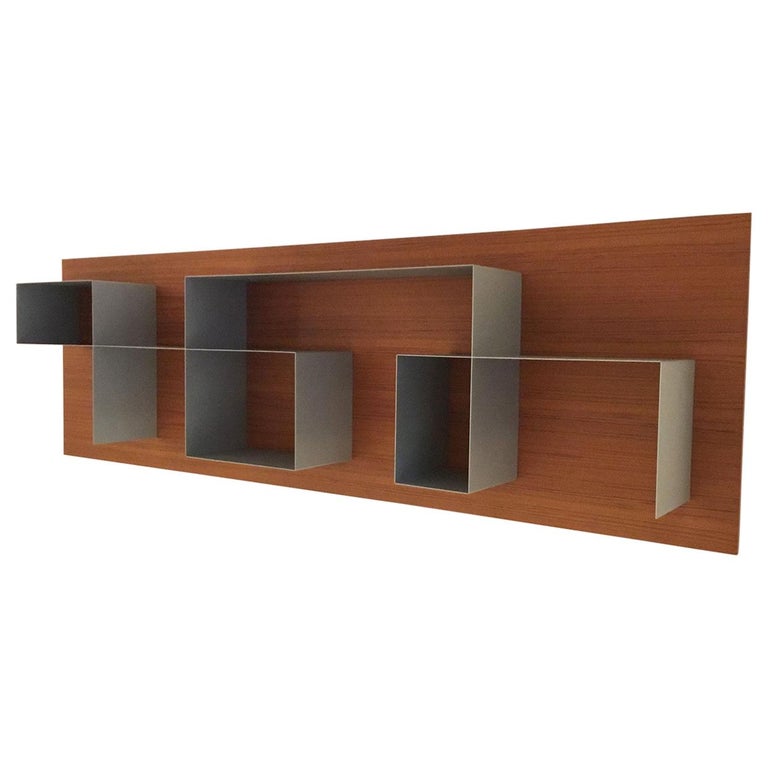 Contemporary Asymmetrical Bookcase with Teak Wall Panel and Aluminum Shelving For Sale
