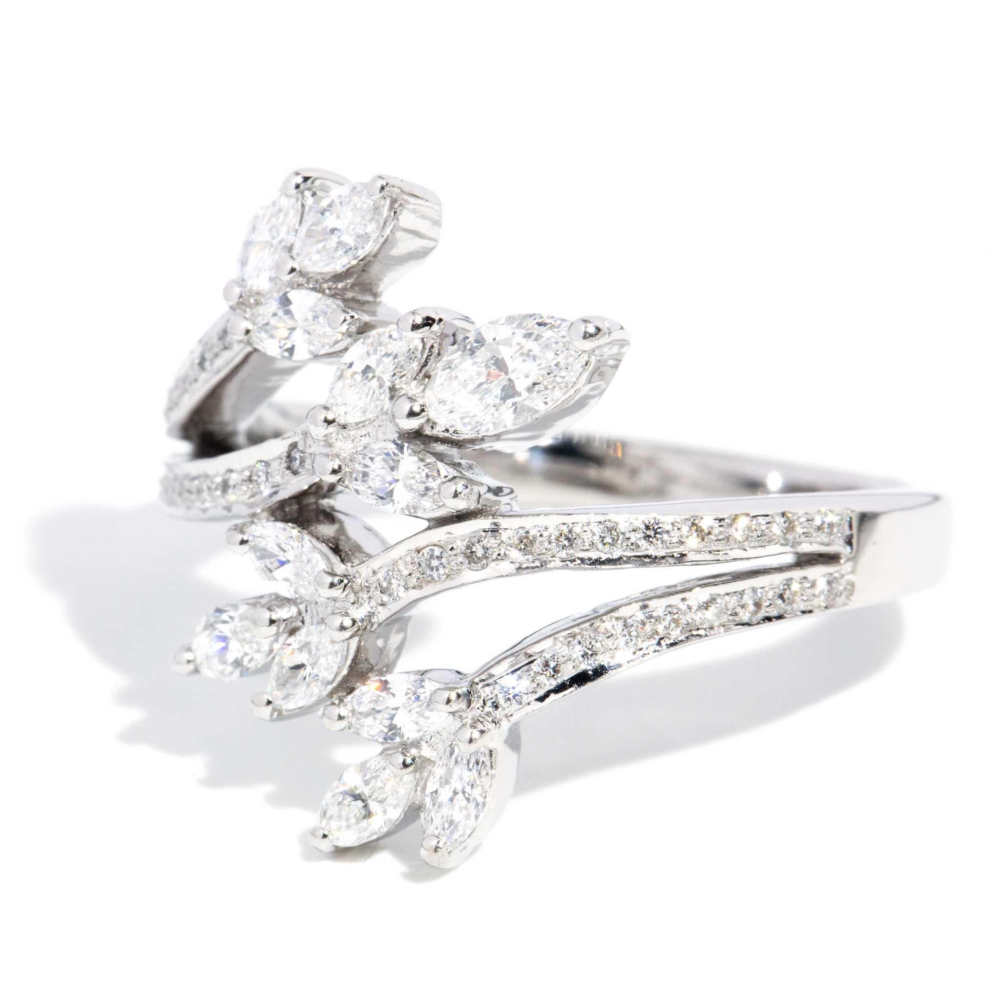 Round Cut Contemporary Asymmetrical Diamond Cluster Ring 18 Carat White Gold For Sale