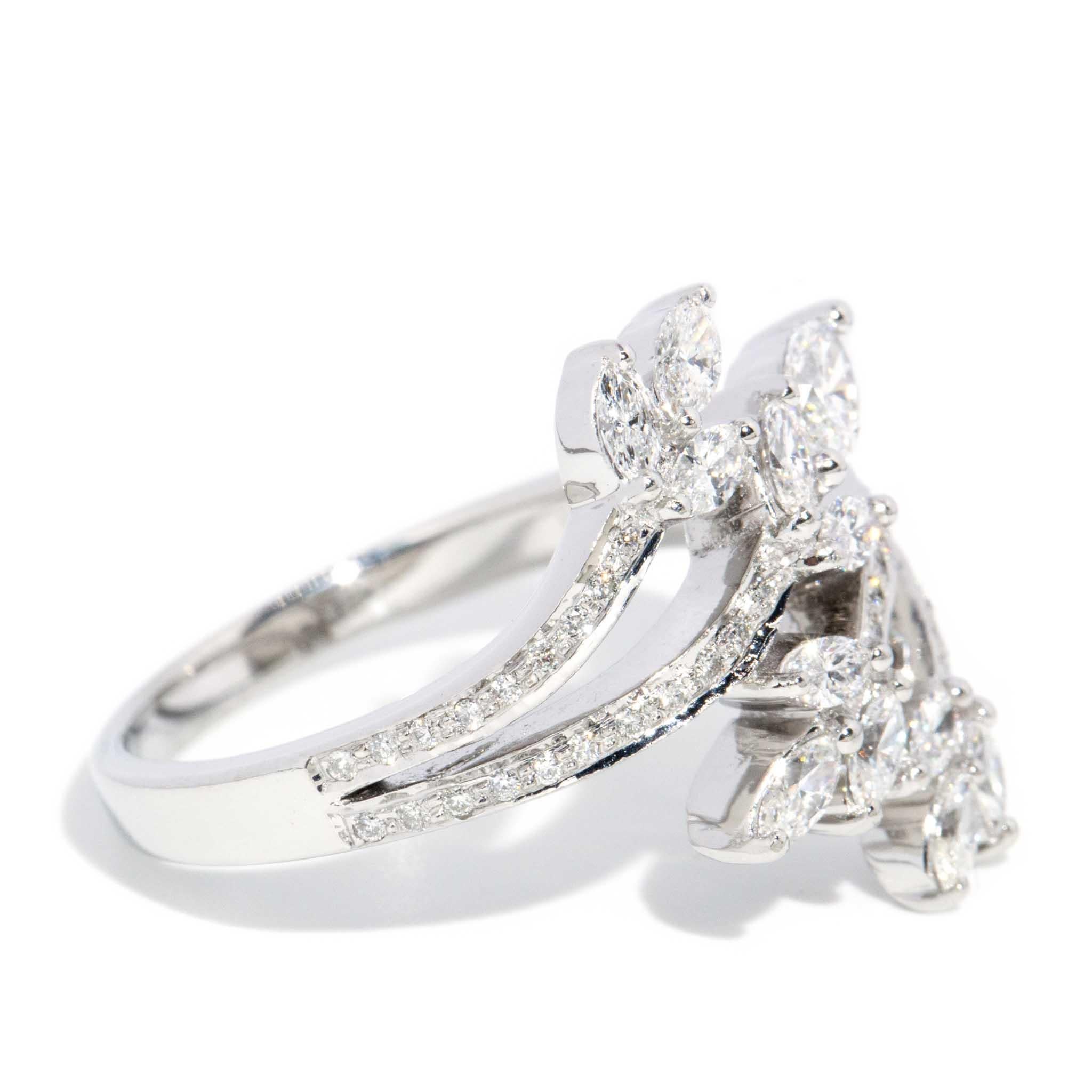 Women's Contemporary Asymmetrical Diamond Cluster Ring 18 Carat White Gold For Sale