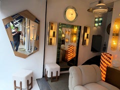 Contemporary Asymmetrical Mirror Rattan Marquetry and Enamel Metal. Italy