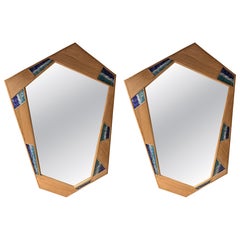 Contemporary Asymmetrical Mirror Rattan Marquetry and Enamel Metal. Italy