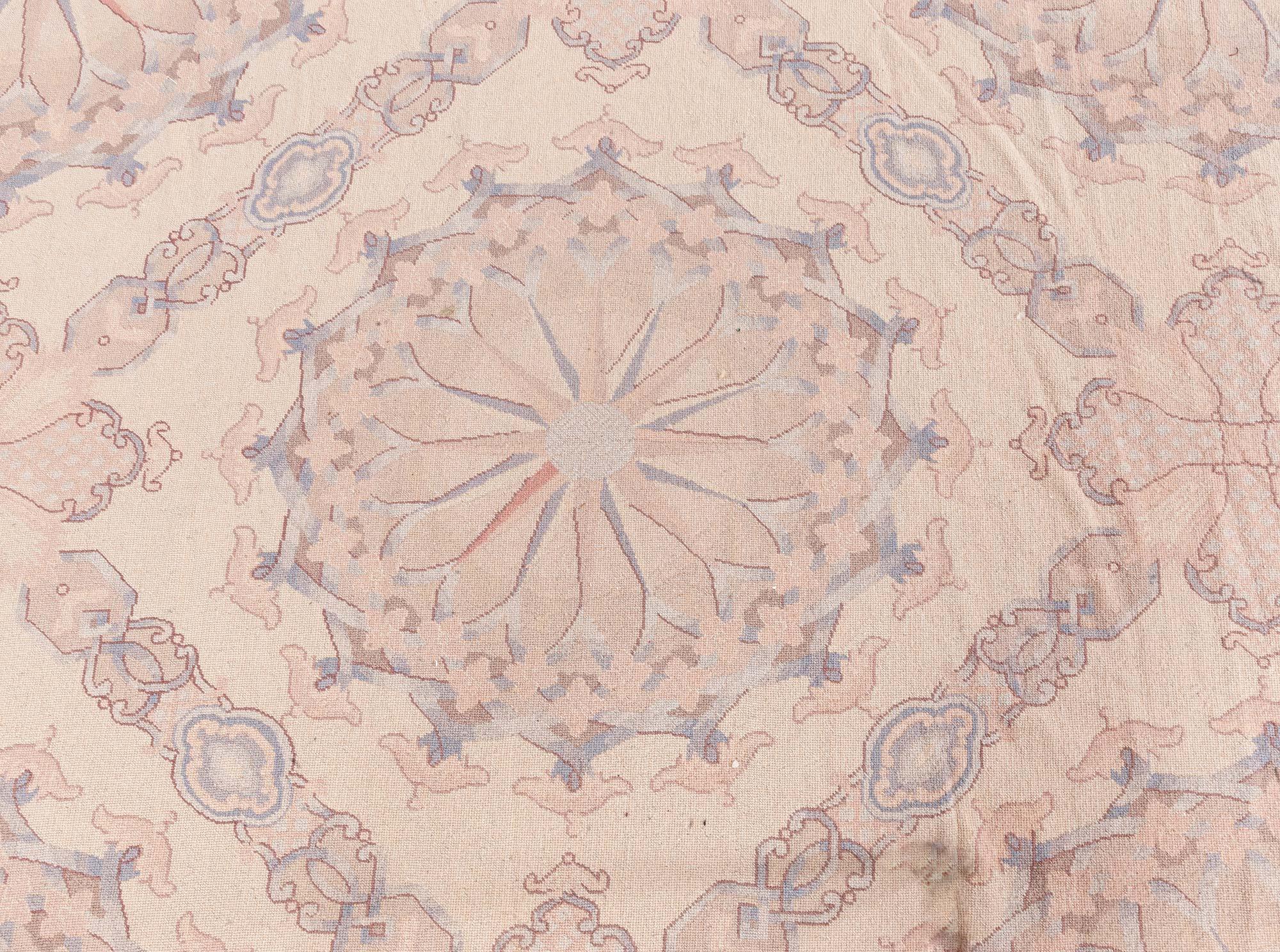 Wool Contemporary Aubusson Design Beige and Blue Needlework Rug by Doris Leslie Blau For Sale
