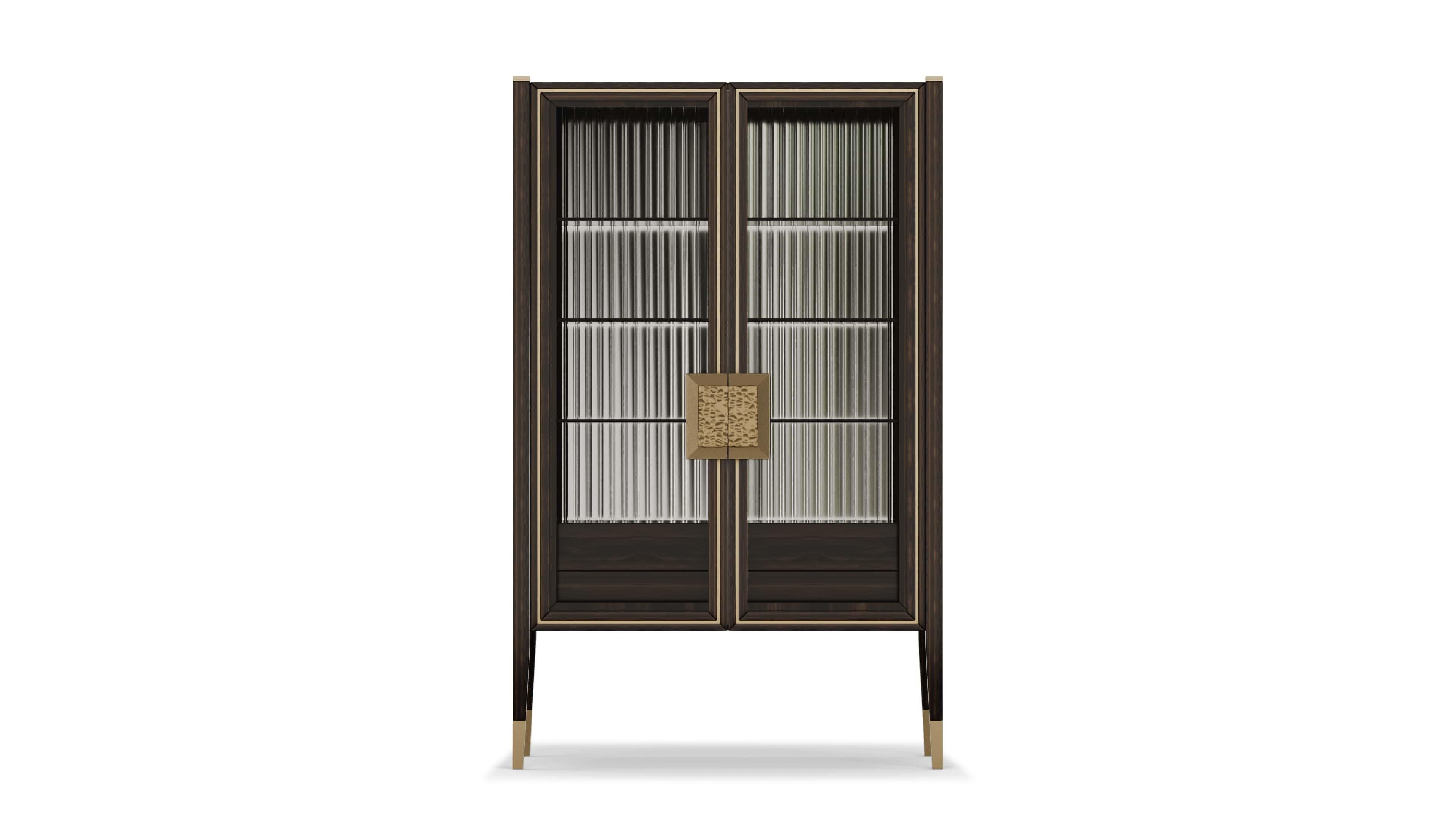 Portuguese Contemporary Aurum Dark Cabinet In Louro Preto Wood And Glass Doors For Sale