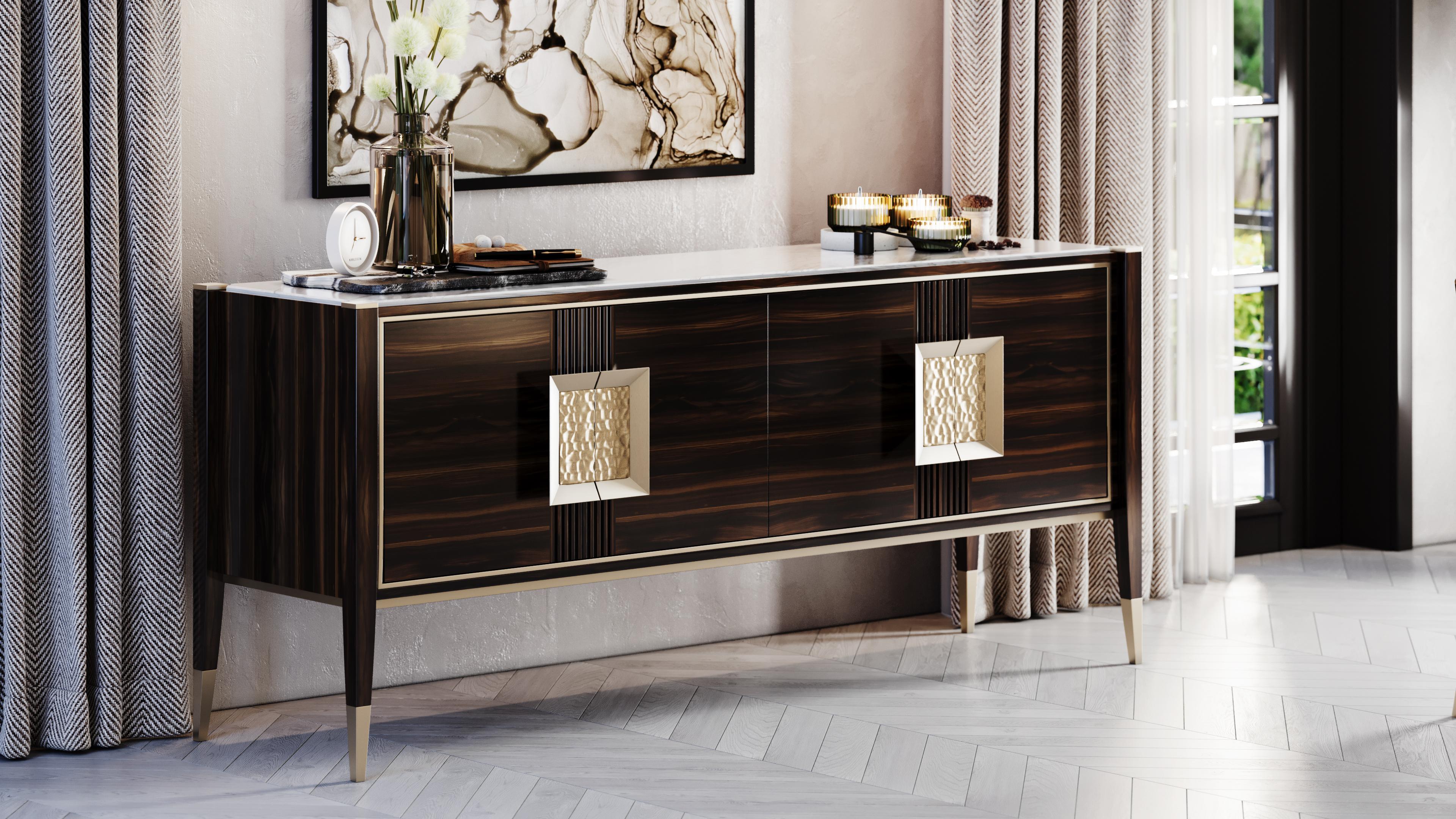 Mid-Century Modern Contemporary Aurum Dark Sideboard In Louro Preto Wood And Marble Top For Sale