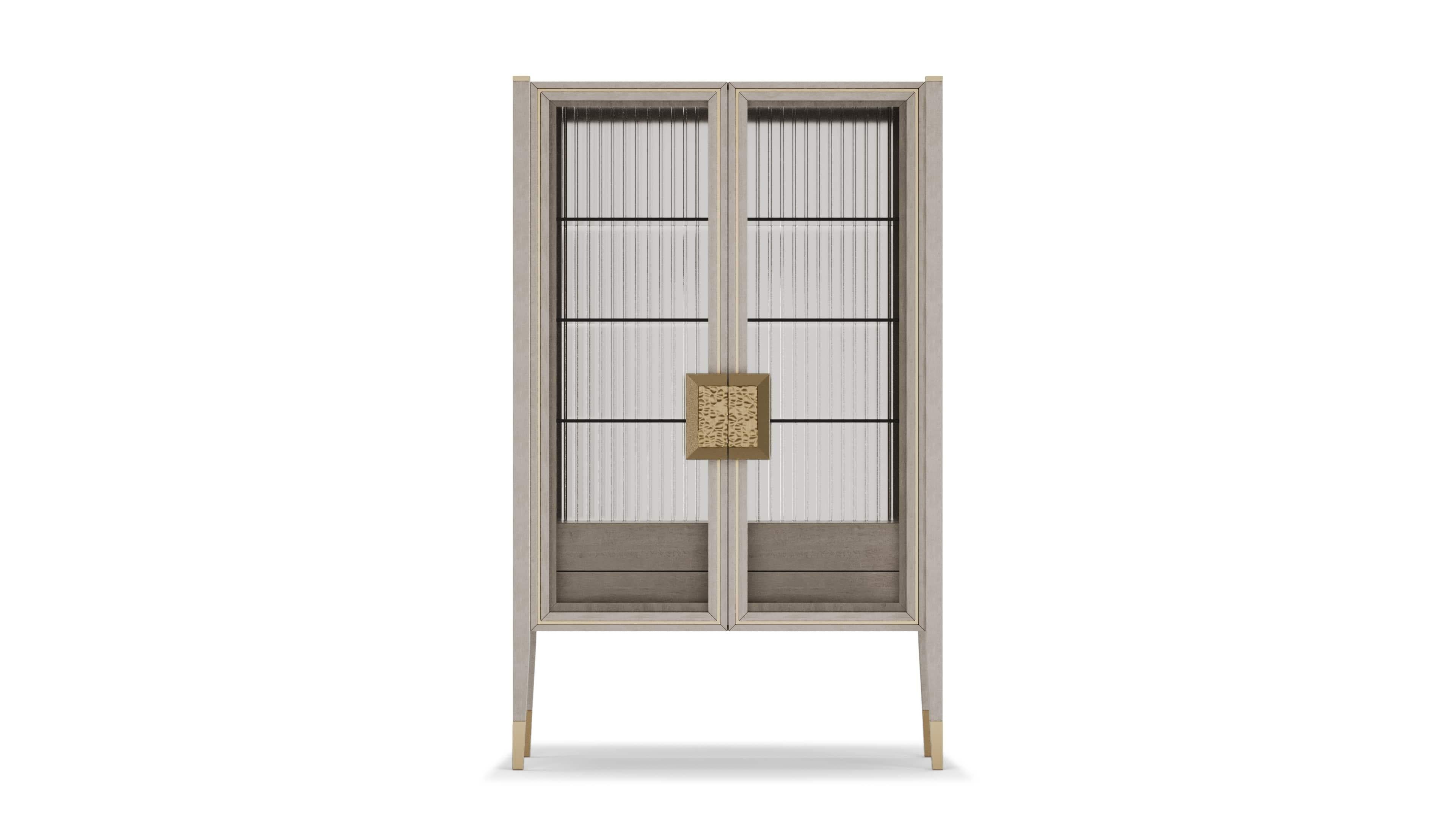 Portuguese Contemporary Aurum Light Cabinet In Cabanne Wood And Glass Doors For Sale