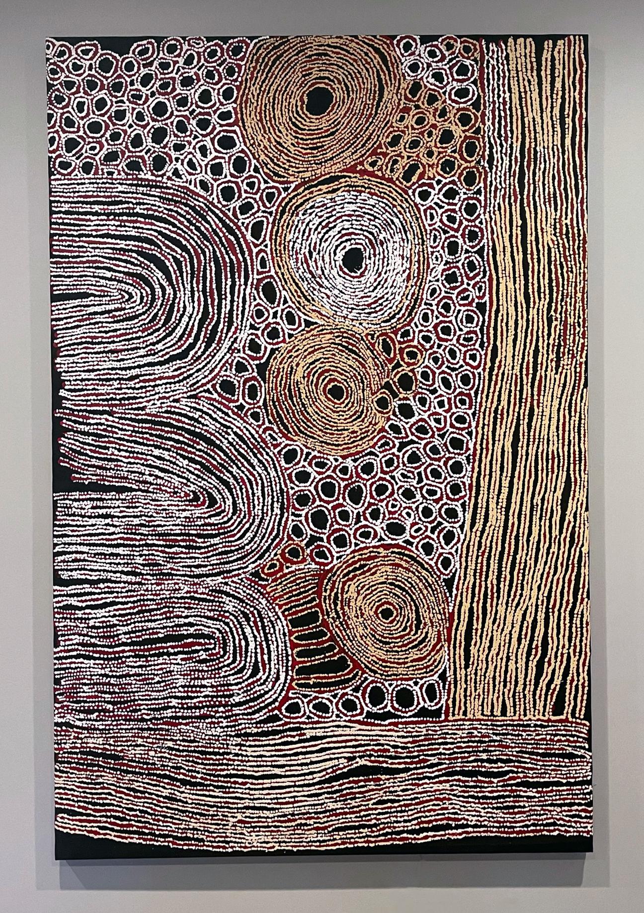 Llamativo cuadro abstracto del pintor aborigen australiano Walangkura Napanangka (1940-2014), uno de la pareja pintada en 2007 en Alice Spring. Titulado 