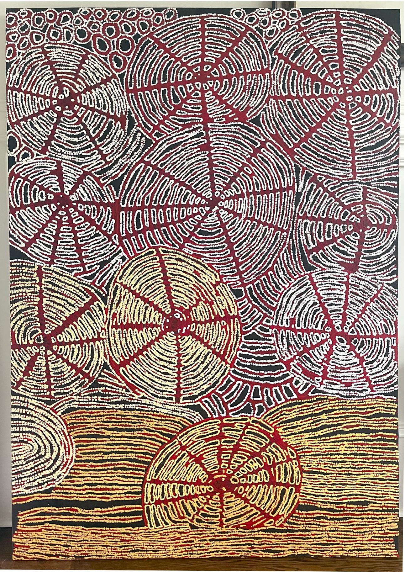 Ein beeindruckendes abstraktes Gemälde des australischen Aborigine-Malers Walangkura Napanangka (1940-2014), das zu dem 2007 in Alice Spring entstandenen Paar gehört. Titel 