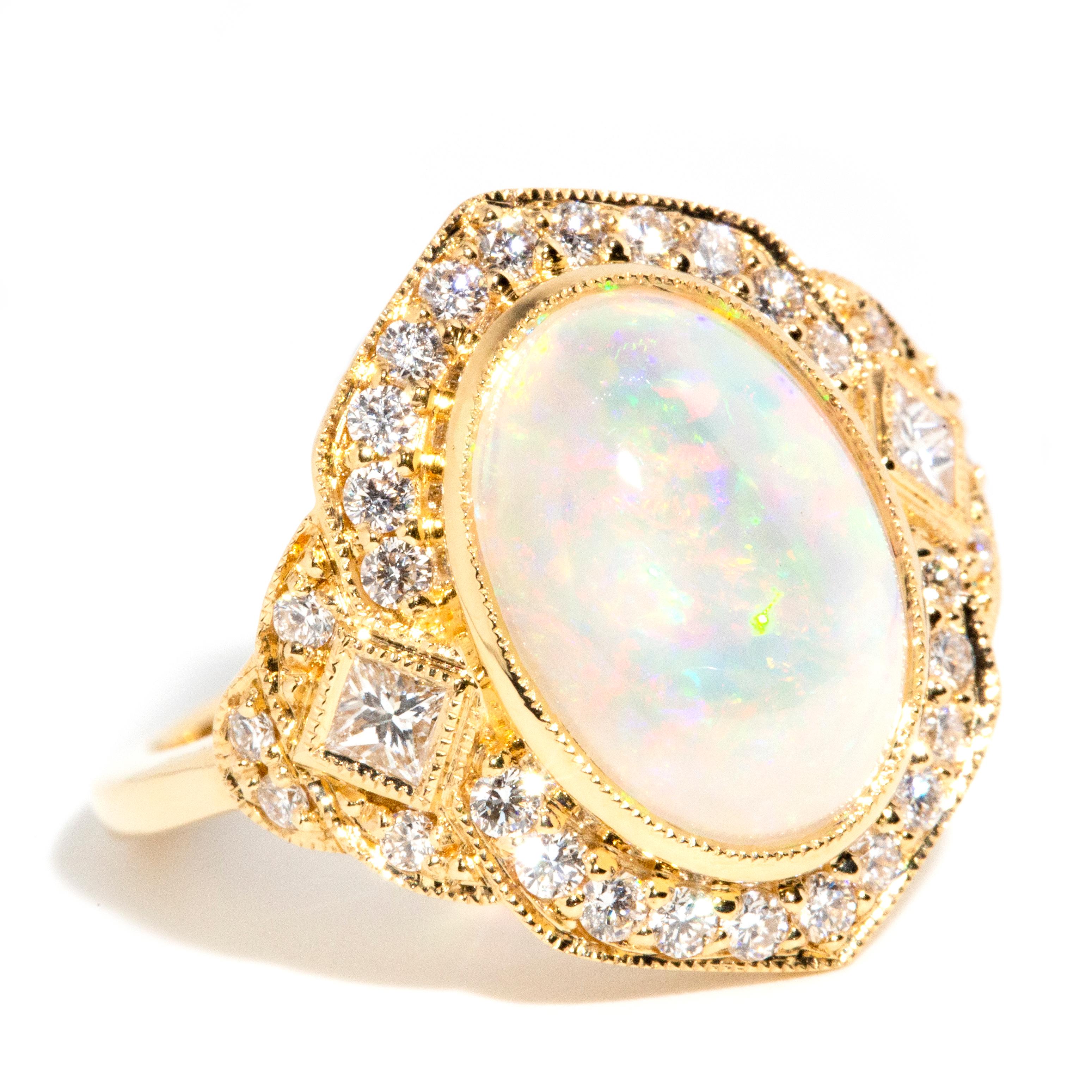 Oval Cut Contemporary Australian Crystal Opal Pink Sapphire and Diamond Ring 18 Ct Gold For Sale