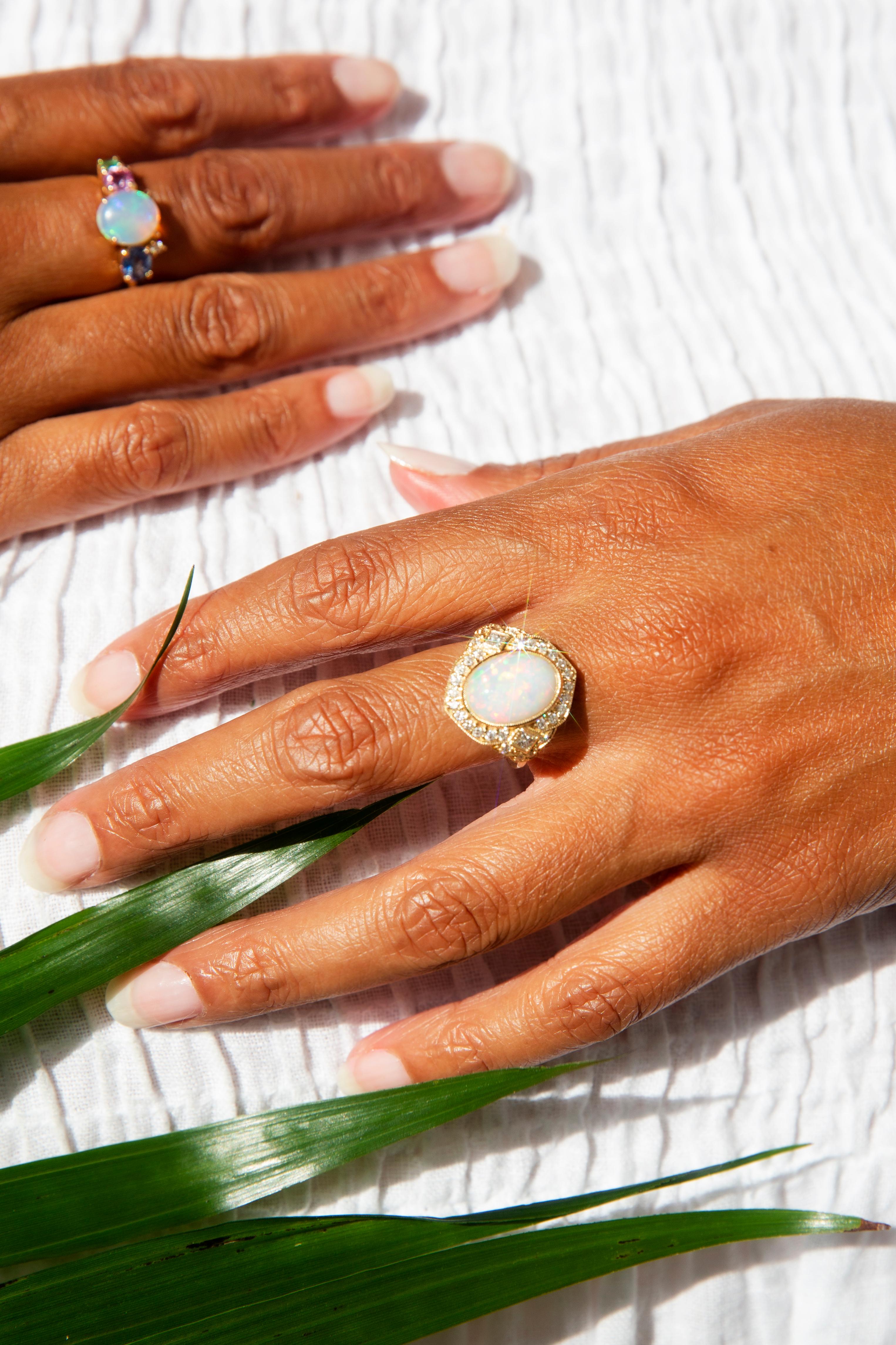 Women's or Men's Contemporary Australian Crystal Opal Pink Sapphire and Diamond Ring 18 Ct Gold For Sale