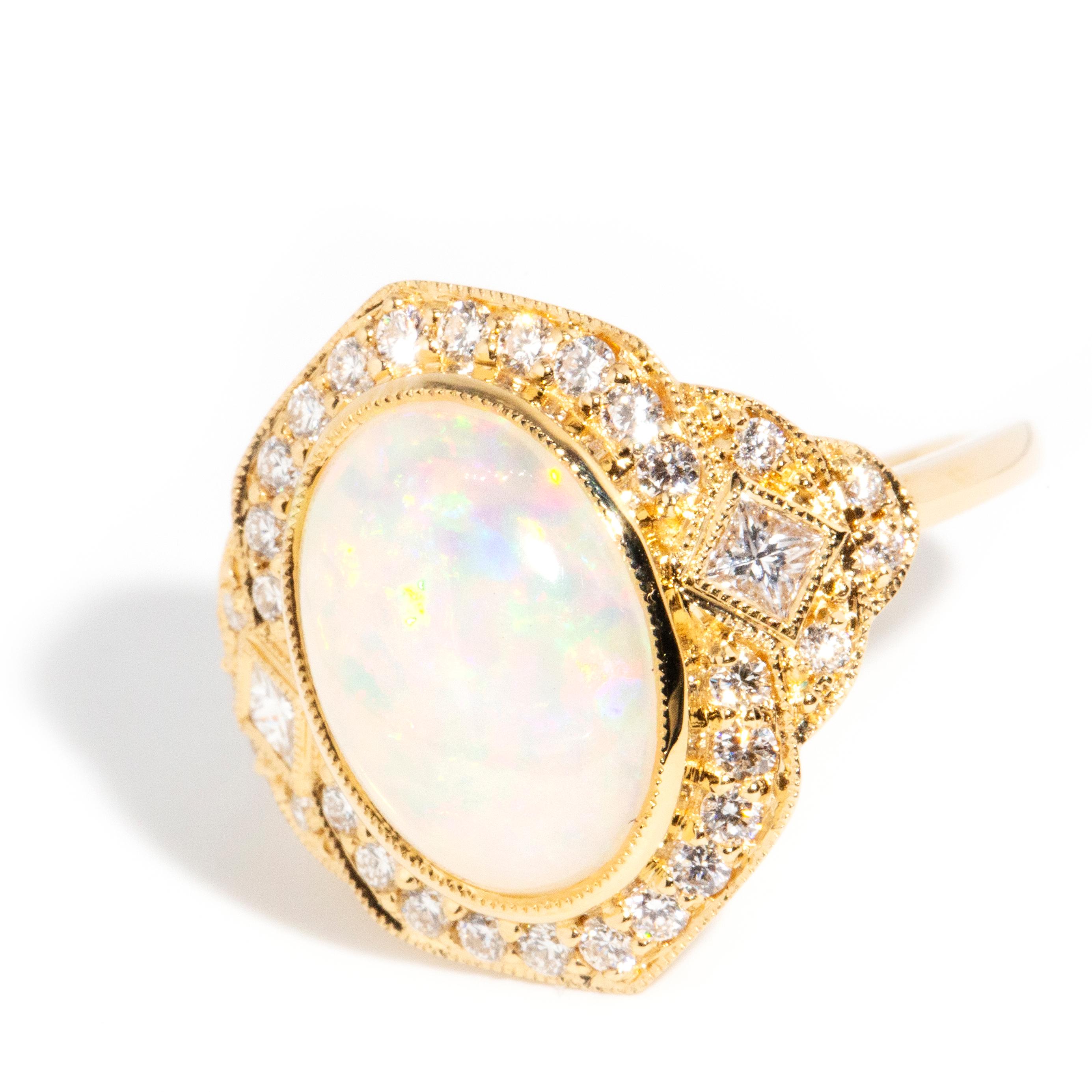 Contemporary Australian Crystal Opal Pink Sapphire and Diamond Ring 18 Ct Gold For Sale 3