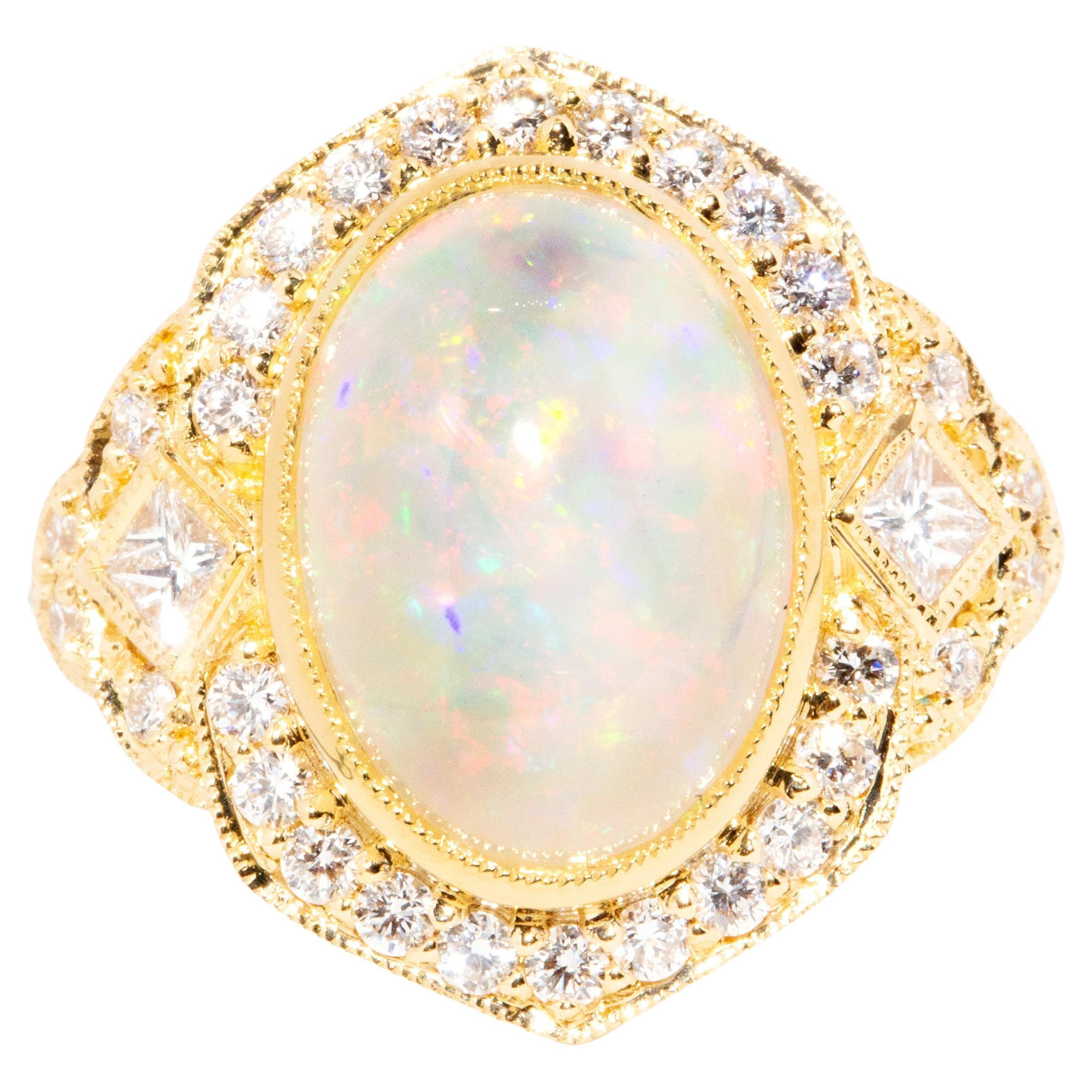 Contemporary Australian Crystal Opal Pink Sapphire and Diamond Ring 18 Ct Gold For Sale