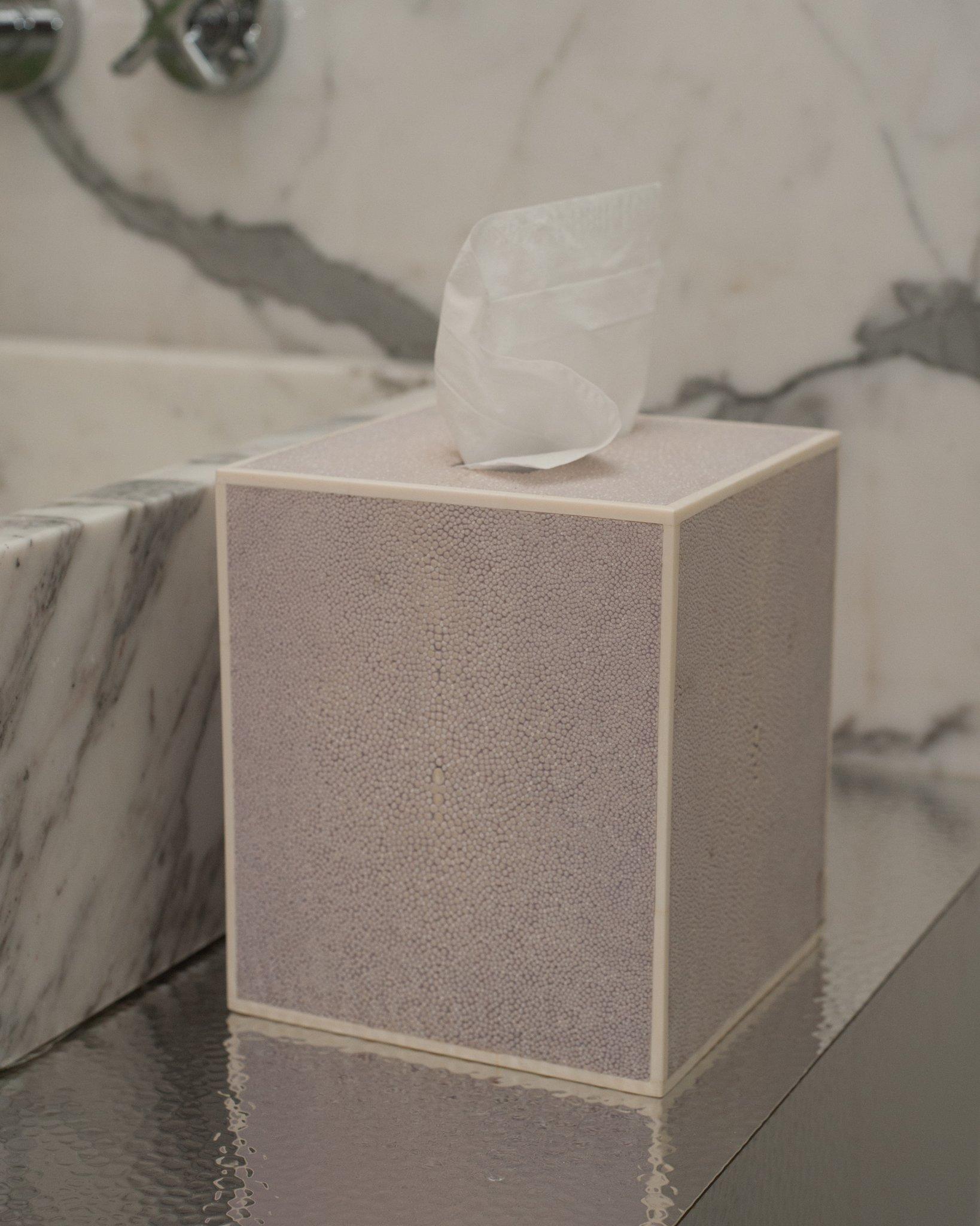 Your powder room may be small, but that doesn't make it and less deserving of extravagant ornamentation. This pale periwinkle lavender Shagreen tissue box cover is nothing short of exceptional, fully wrapped in Shagreen and bone on a base of