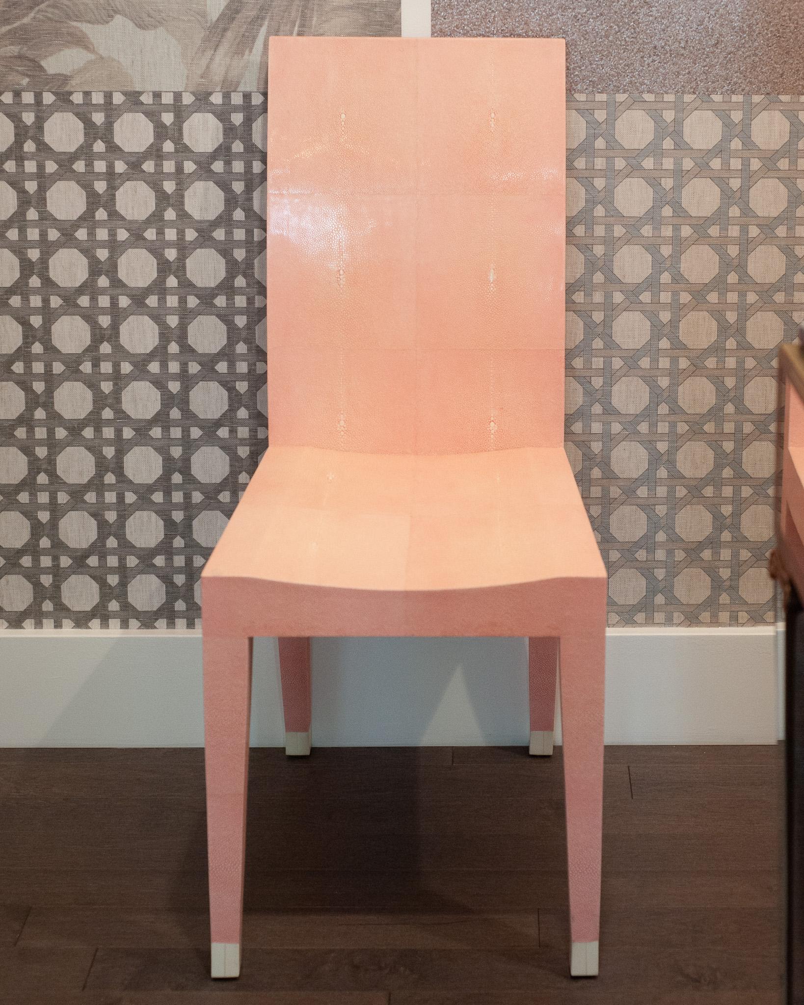 An authentic Shagreen Rose de Paris chair. Working with the vendor in Asia this particular genteel shade of pink called Rose de Paris was custom produced. The refined tapered leg is capped with a bone toe. This elegant, versatile, yet modern chair