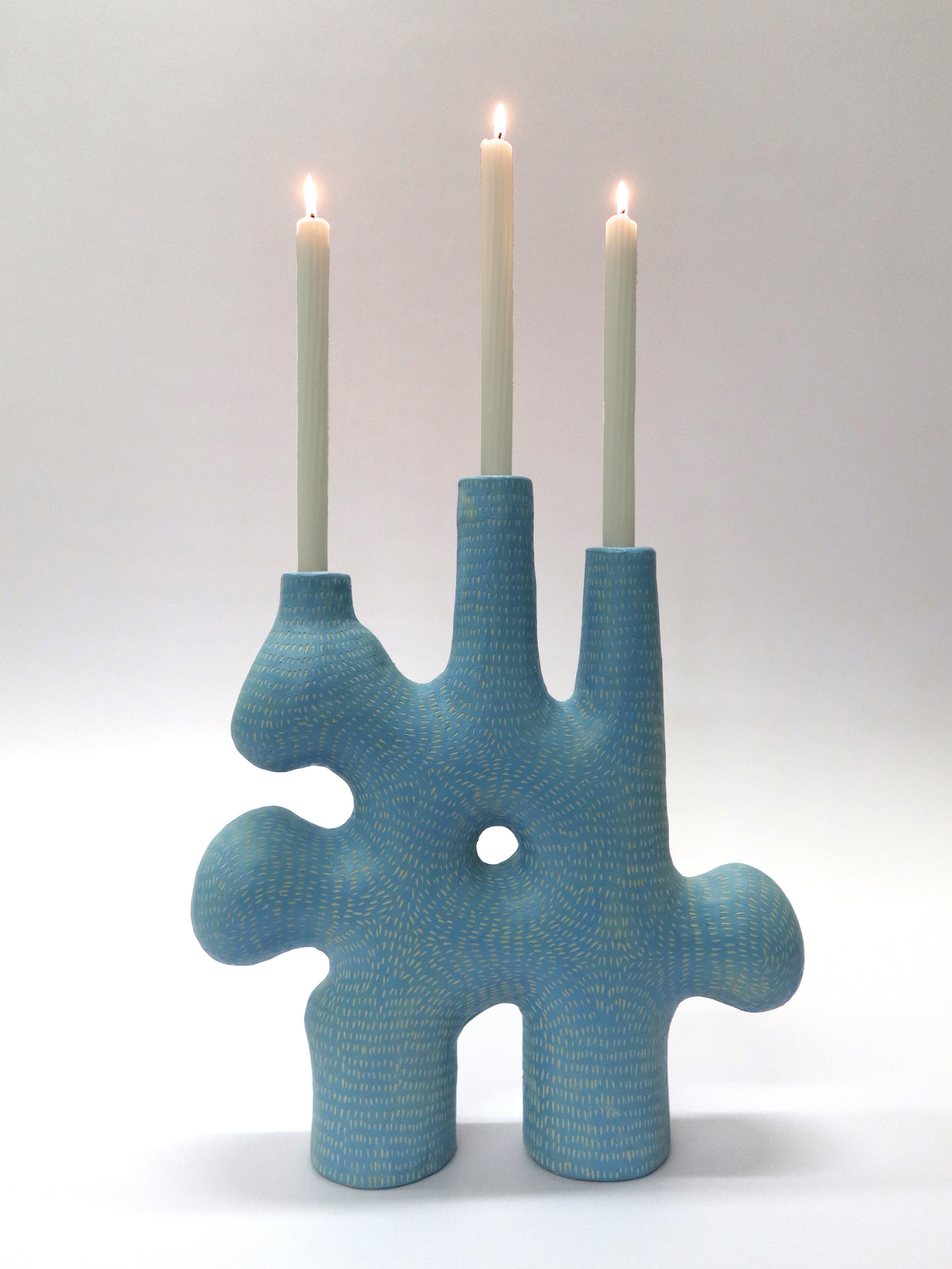 Glazed Contemporary Baby Blue Forest Candelabra Handcrafted by Jan Ernst For Sale