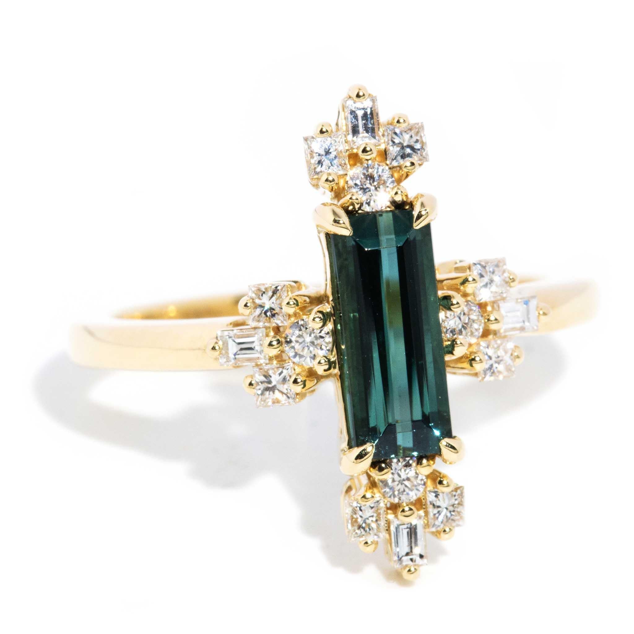 Baguette Cut Contemporary Baguette Indicolite Tourmaline & Diamond Ring 18 Carat Yellow Gold For Sale