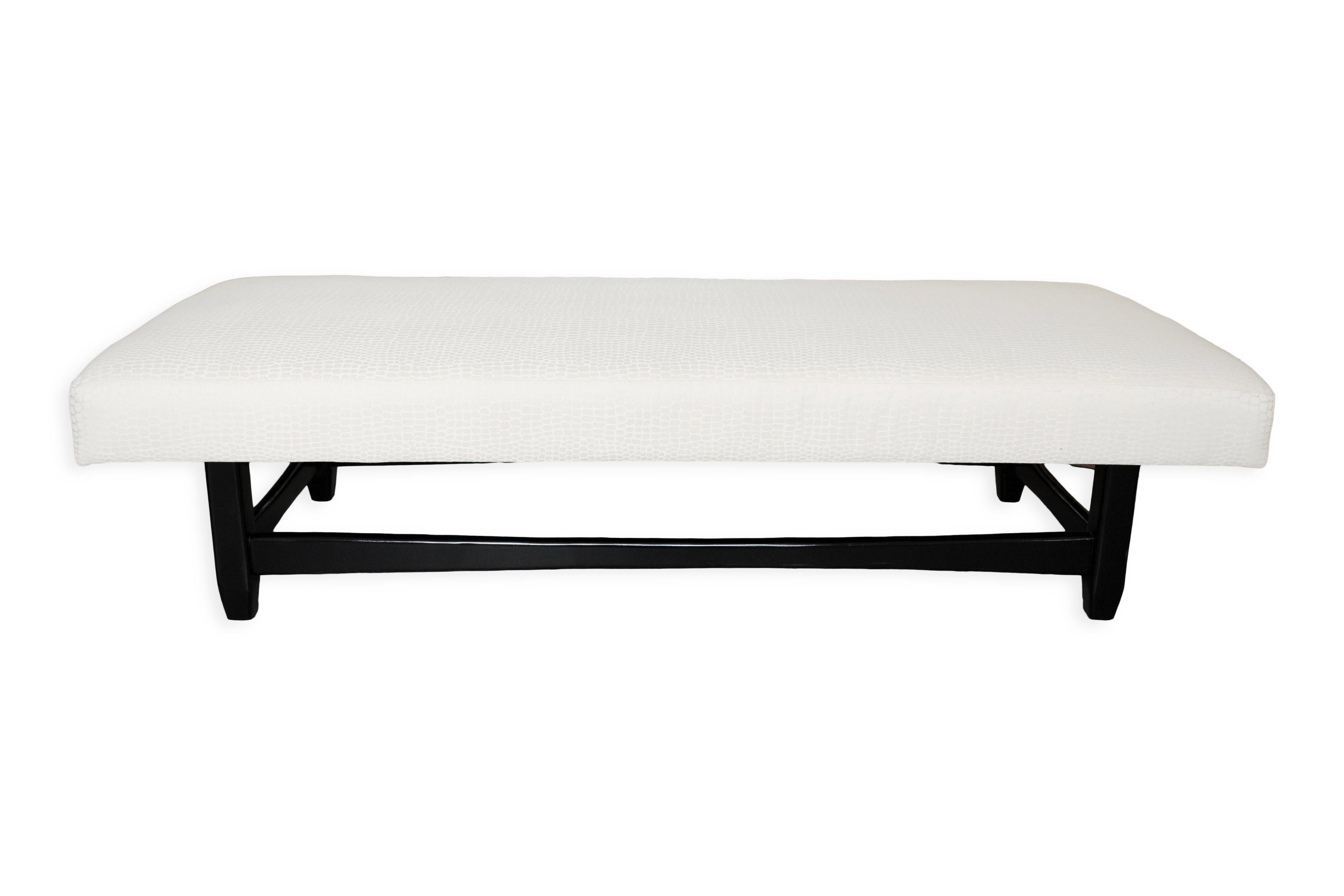 Modern Contemporary Baker Style Black Wood Upholstered White Crocodile Print Bench For Sale