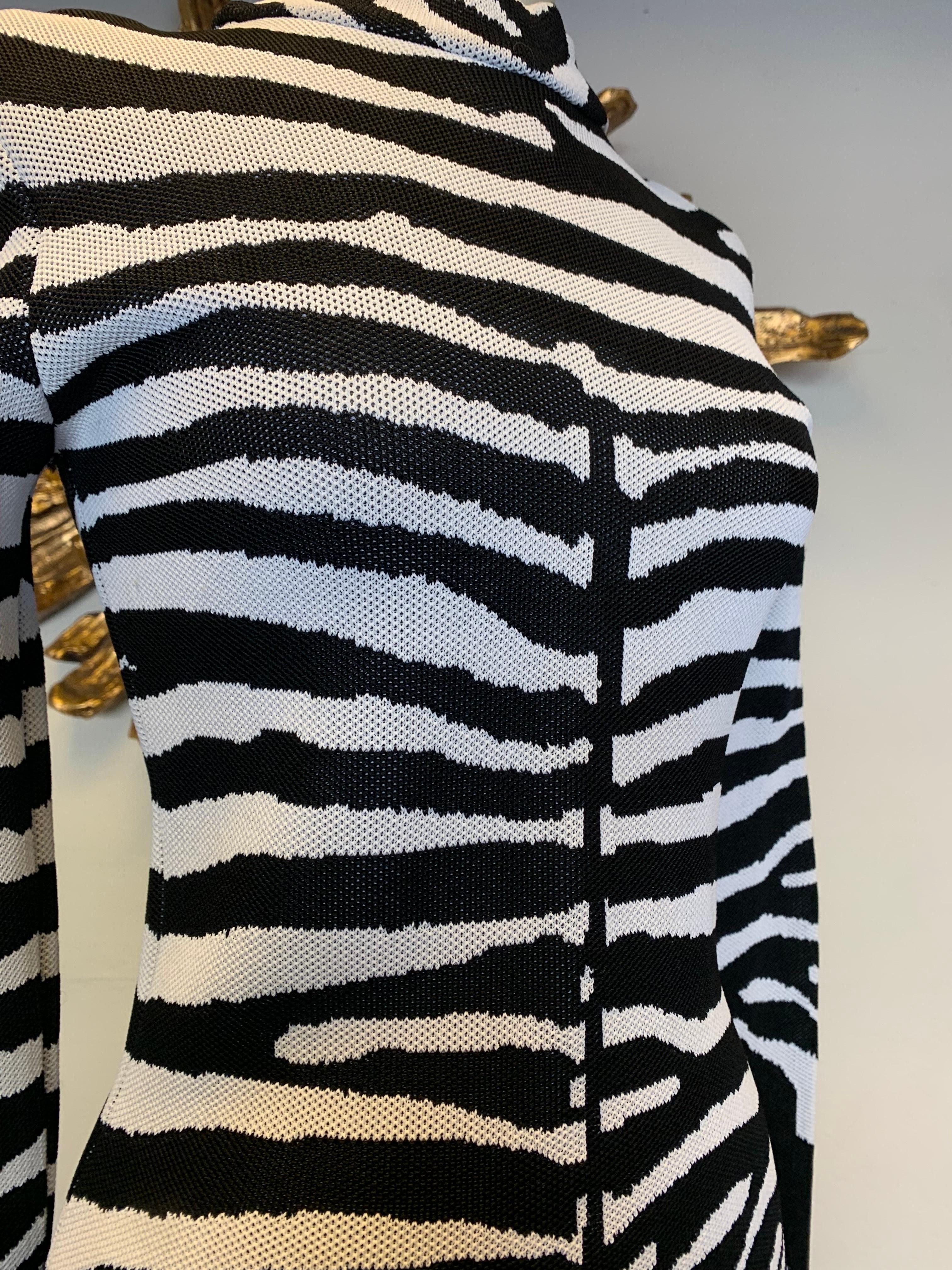 Black Contemporary Balmain Power Mesh Knit Zebra Patterned Mini Dress