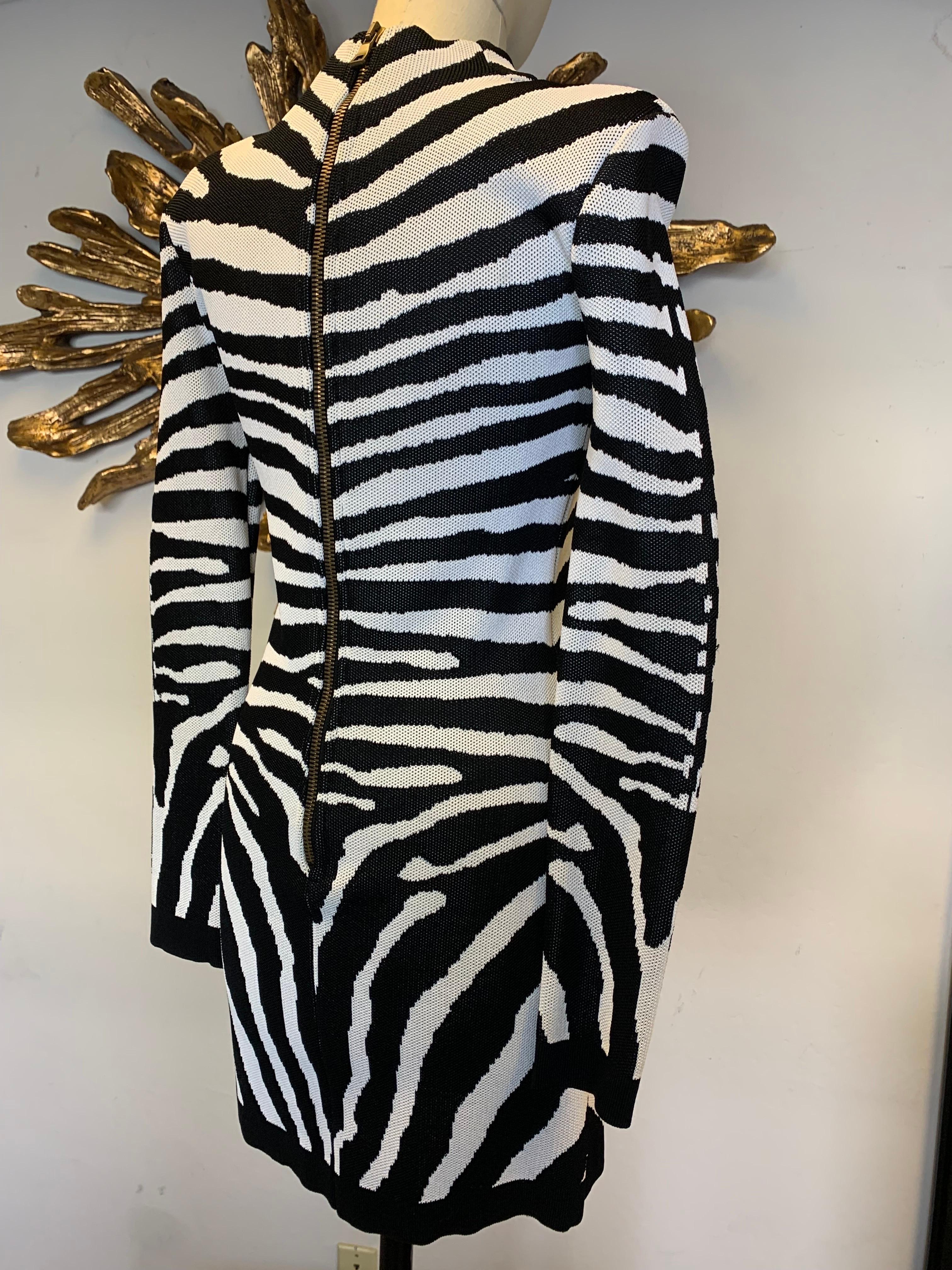 Women's Contemporary Balmain Power Mesh Knit Zebra Patterned Mini Dress