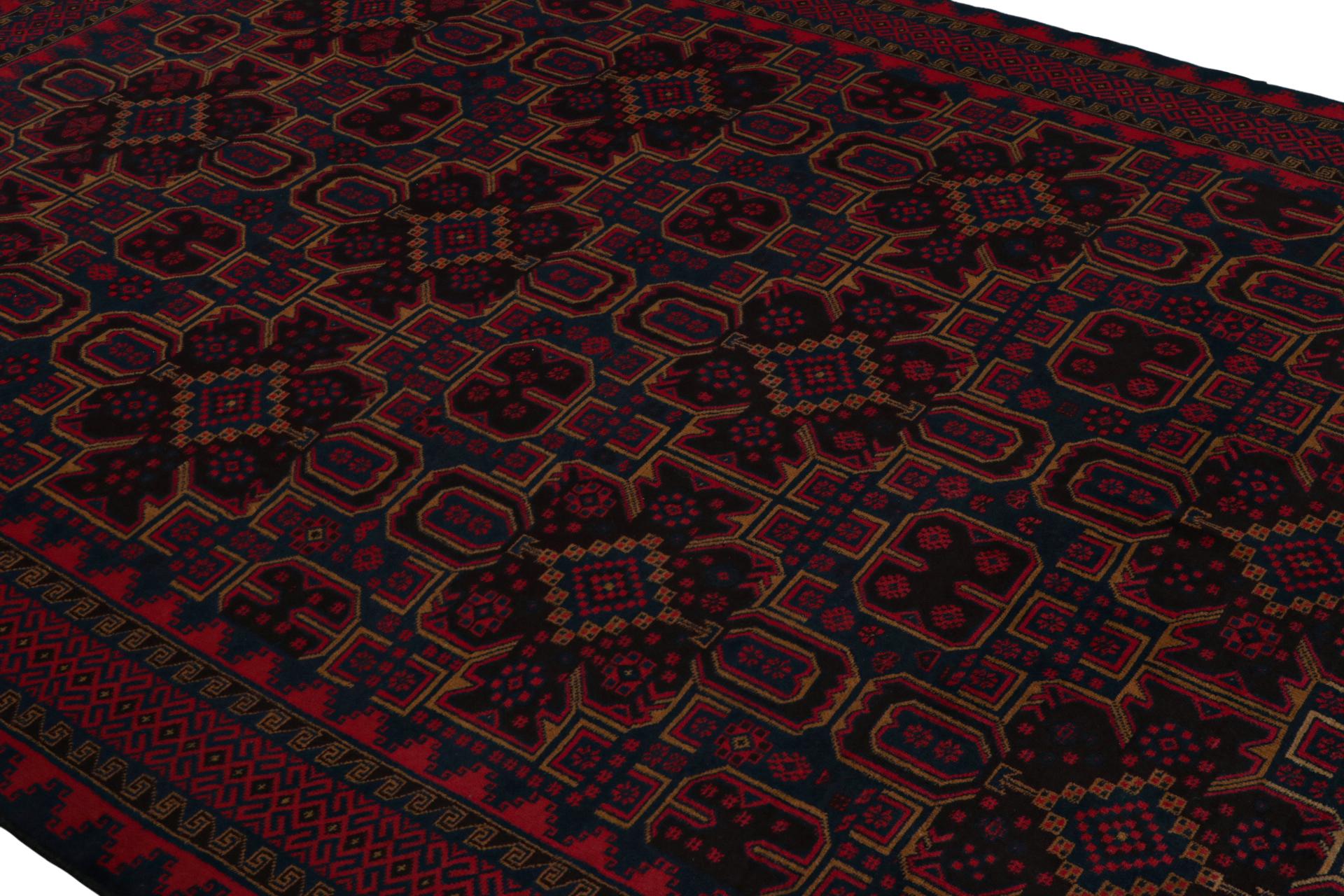 Afghan Rug & Kilim’s Mashwani Baluch Rug in Red and Blue Geometric Patterns For Sale