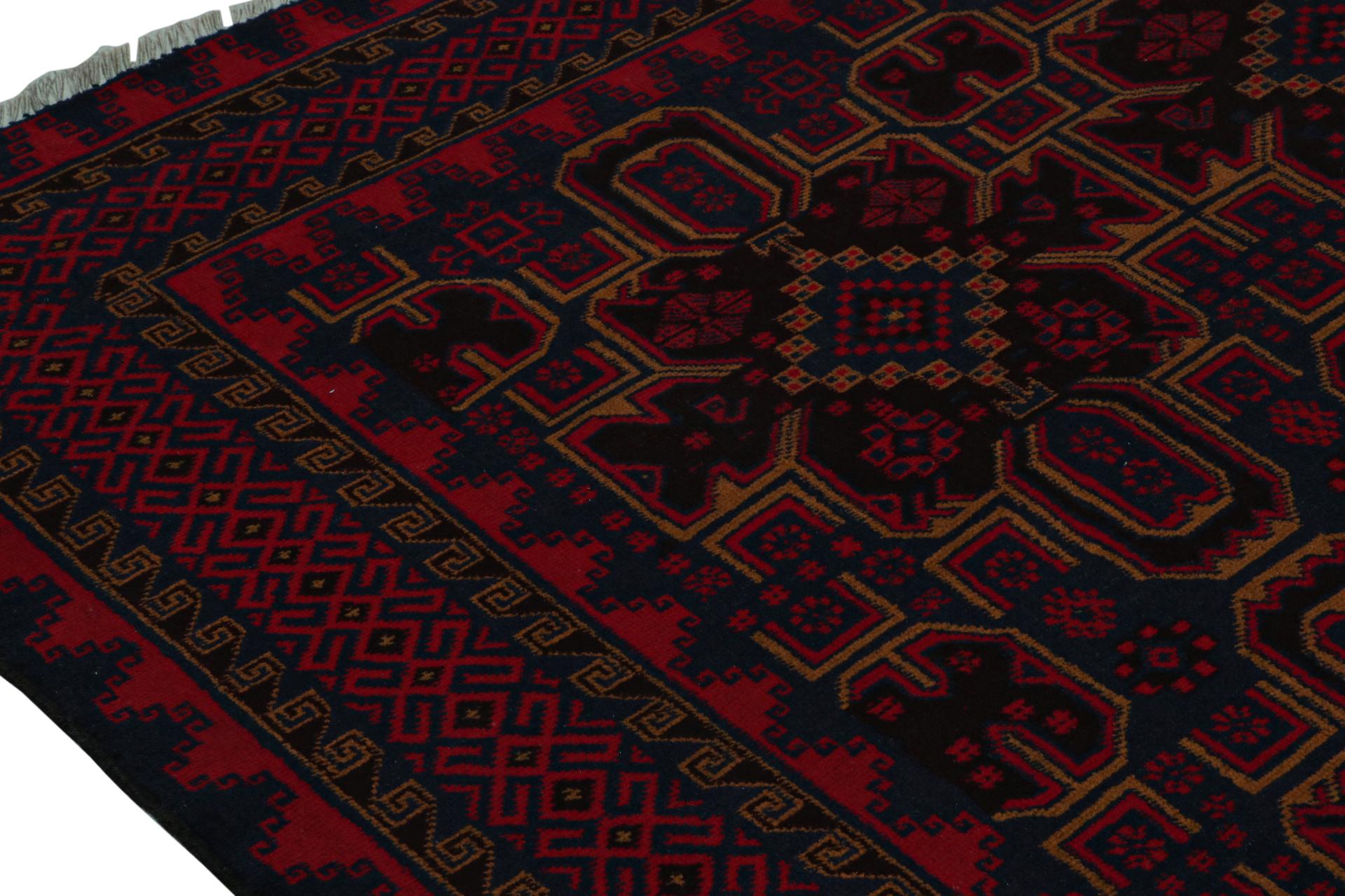 Hand-Knotted Rug & Kilim’s Mashwani Baluch Rug in Red and Blue Geometric Patterns For Sale