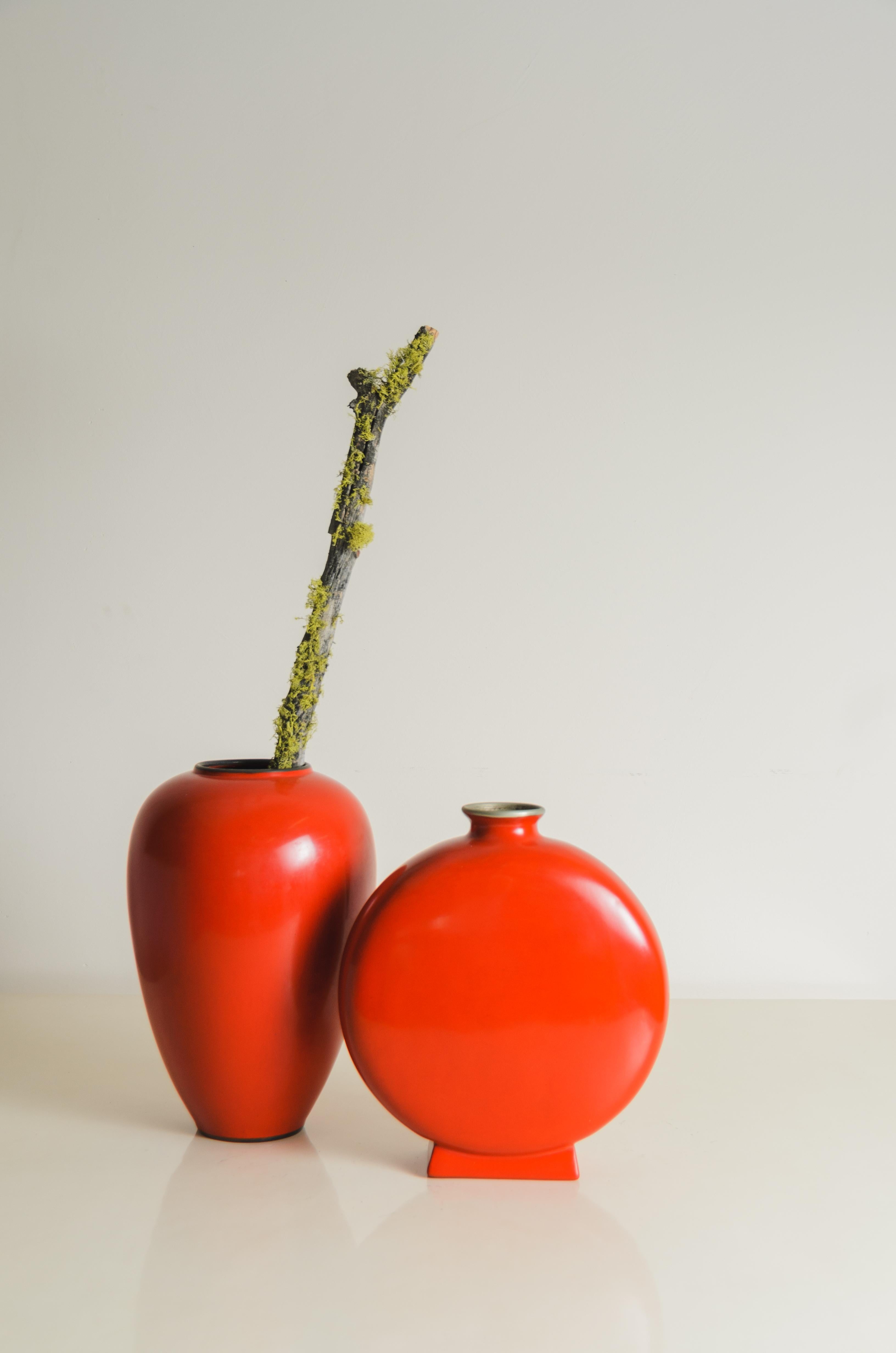Lacquered Contemporary Baluster Vase w/ Copper Rim in Red Lacquer by Robert Kuo For Sale