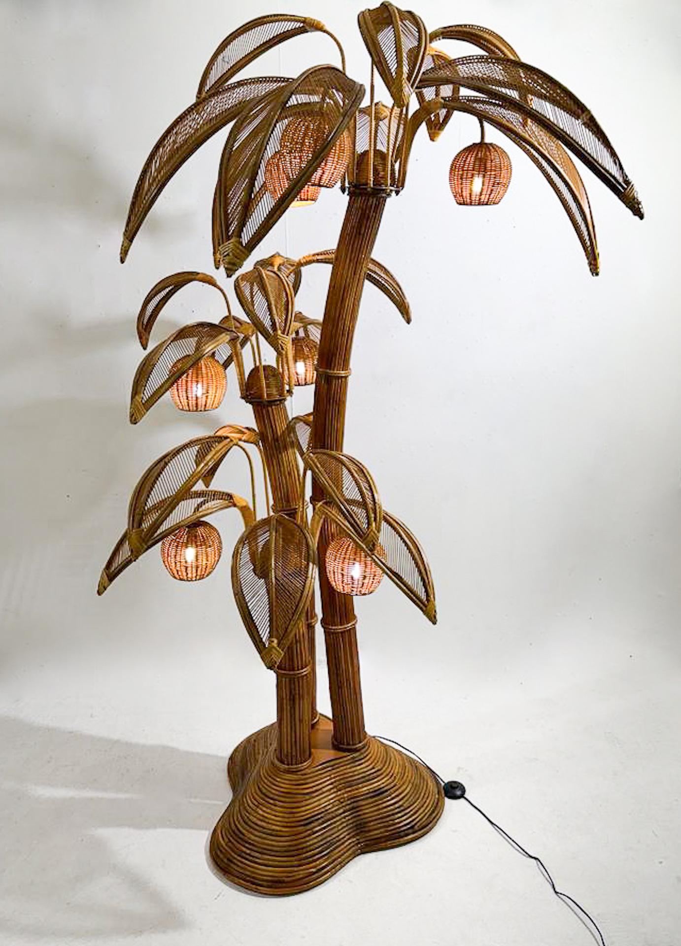 French Contemporary Bamboo and Rattan Coconut Tree Floor Lamp, France
