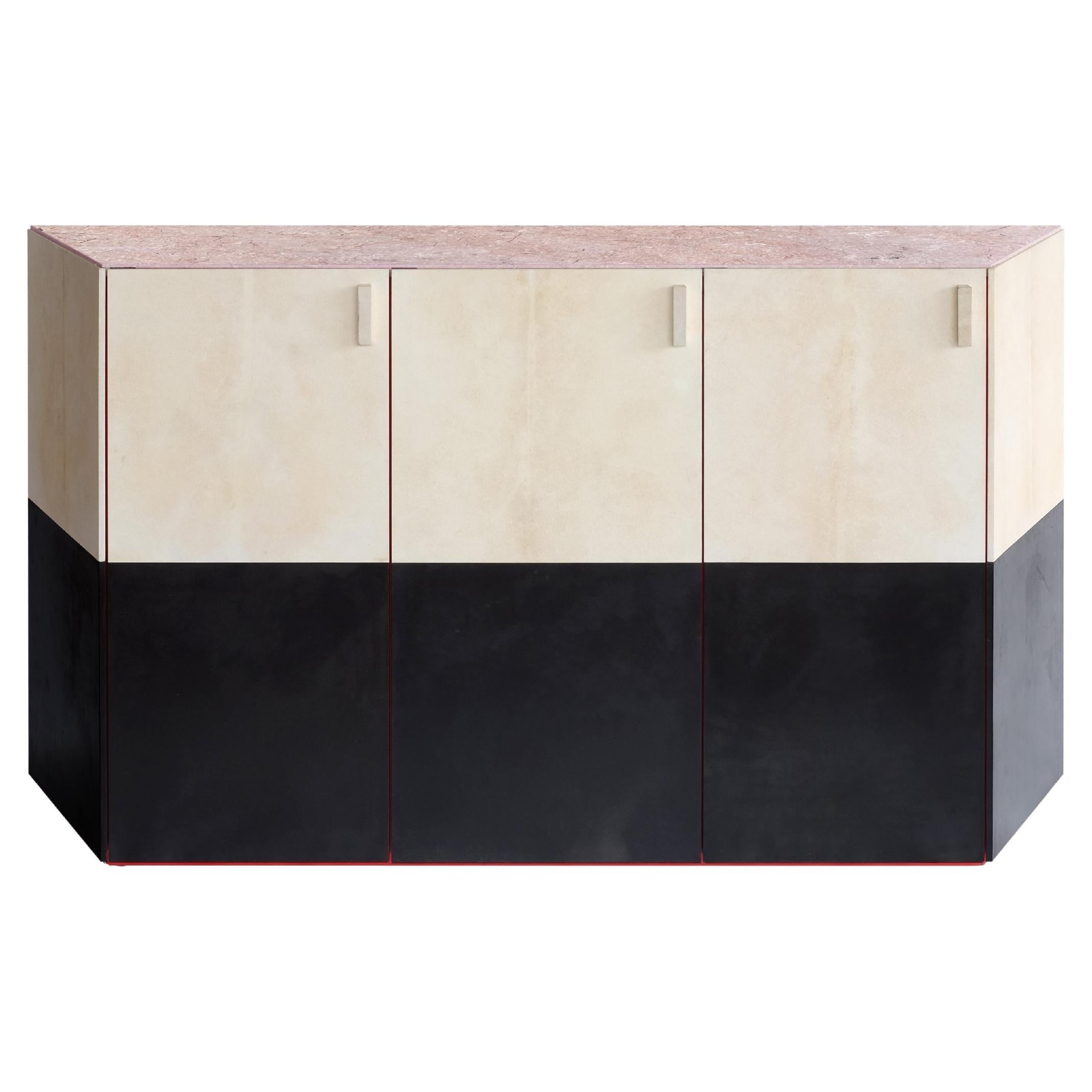 Contemporary Bar Cabinet Real Parchment Marble Lacquered Storage Unit Container For Sale
