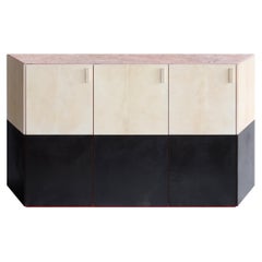 Contemporary Bar Cabinet Real Parchment Marble Lacquered Storage Unit Container