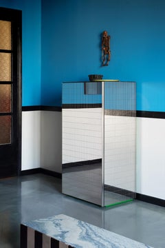 Contemporary Bar Cabinet Steel Metal Mirrored Chrome Marble Storage Container