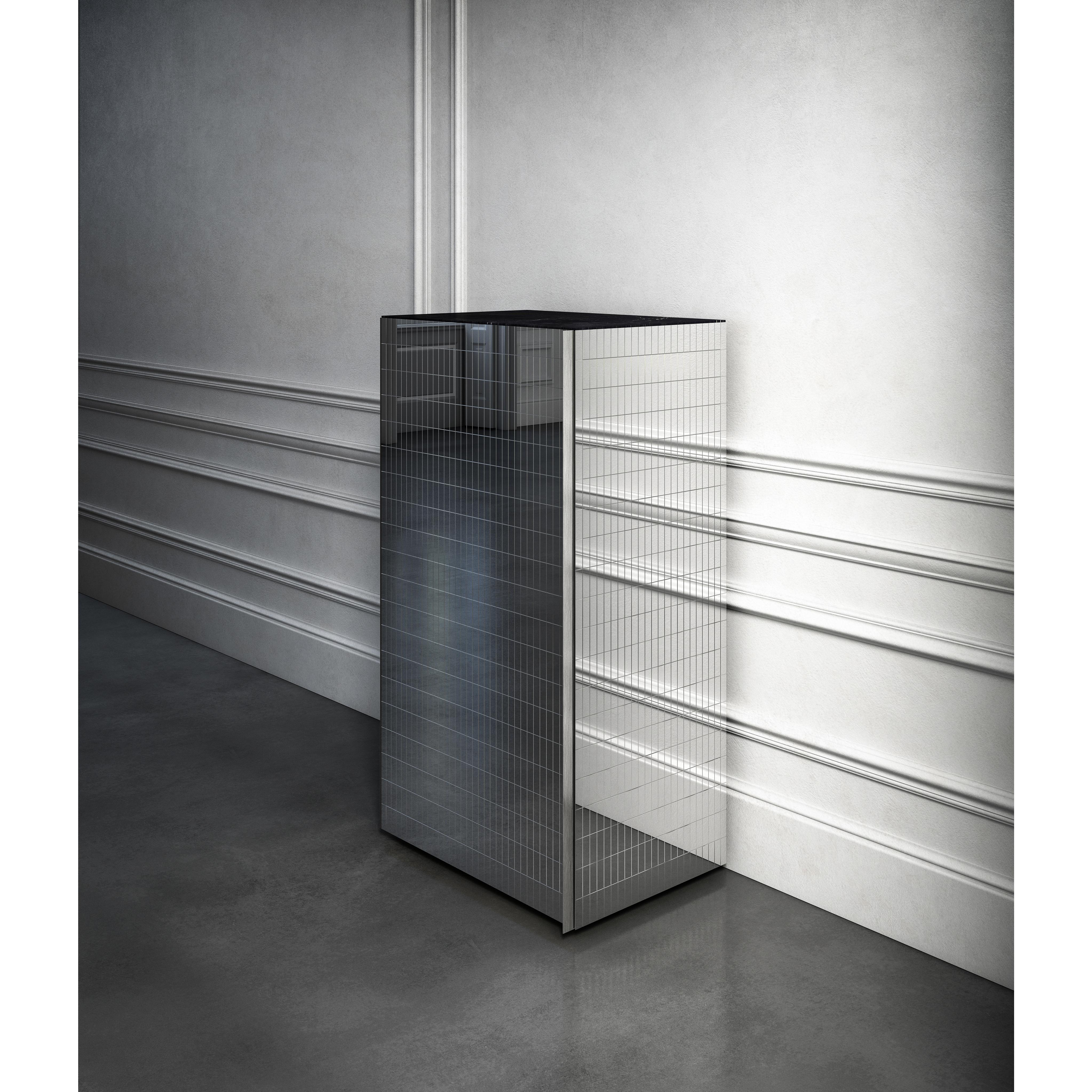 Modern Contemporary Bar Cabinet Steel Metal Mirrored Chrome Marble Storage Container For Sale