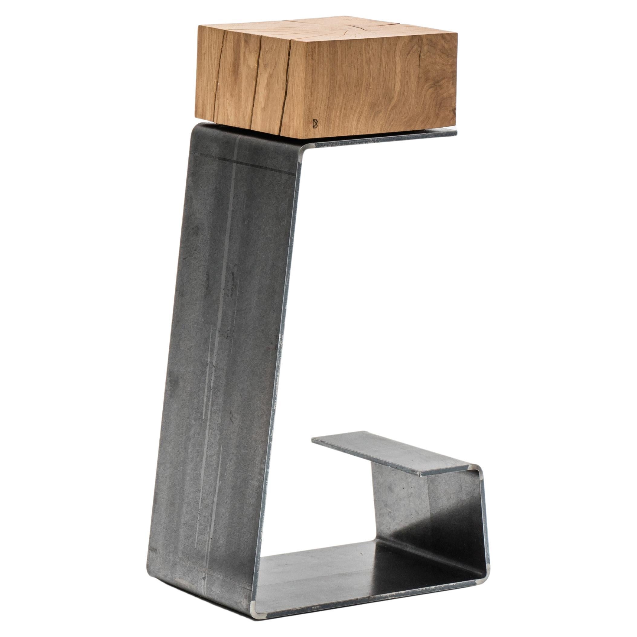Contemporary Bar Stool by Tomasz Danielec, Raw Steel, Vintage Treated Oak For Sale