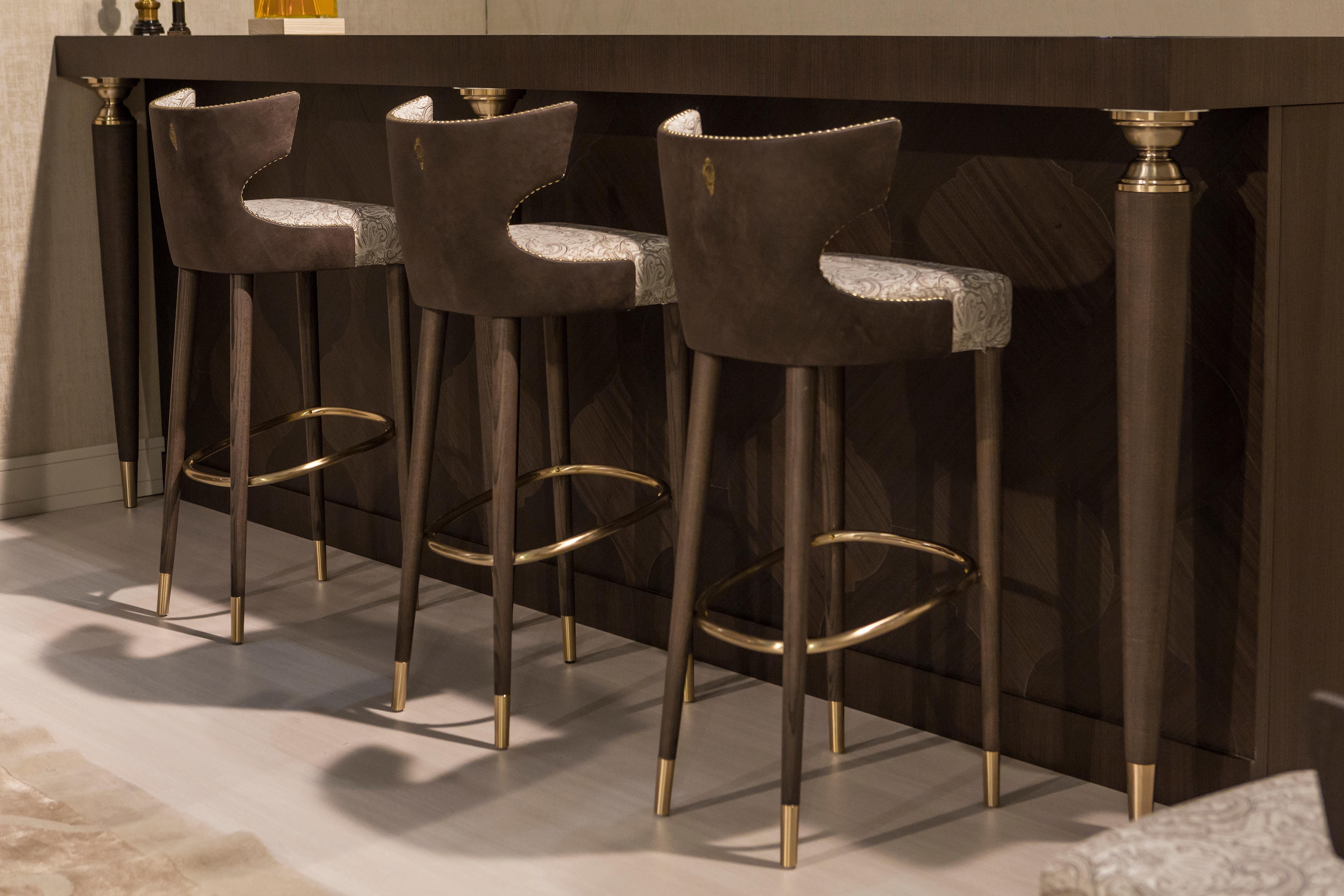 Italian Contemporary Bar Stool Customizable, Wood Frame and Brass Details, Made in Italy For Sale