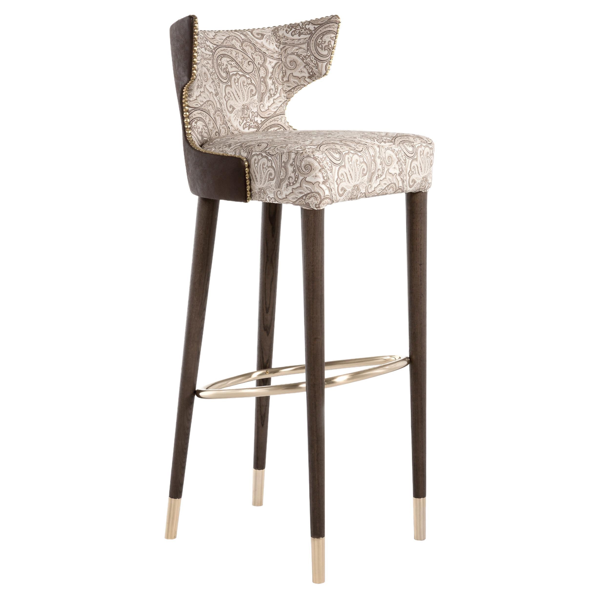 Contemporary Bar Stool Customizable, Wood Frame and Brass Details, Made in Italy