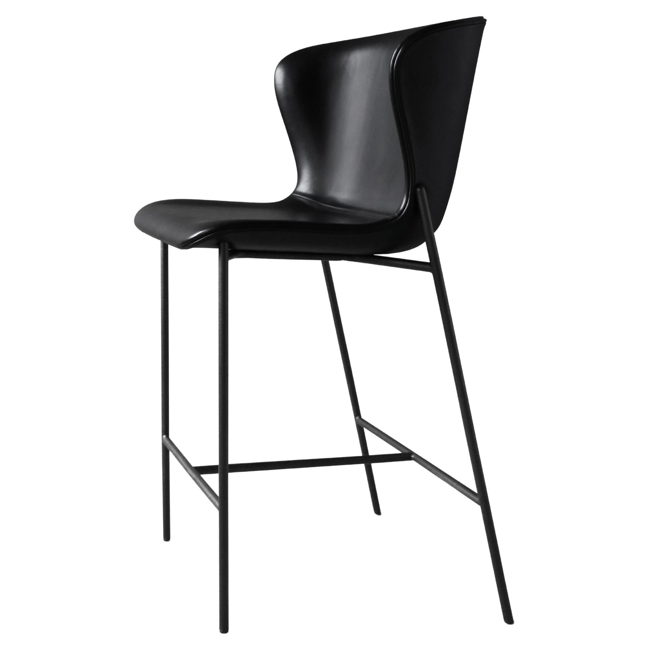 Contemporary Bar Stool 'Pipe' Black Leather Dakar, Black Legs For Sale