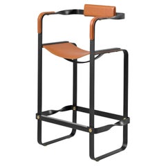 Contemporary Bar Stool w/ Backrest Nuit Noir Metal & Natural Tan Tobacco Leather