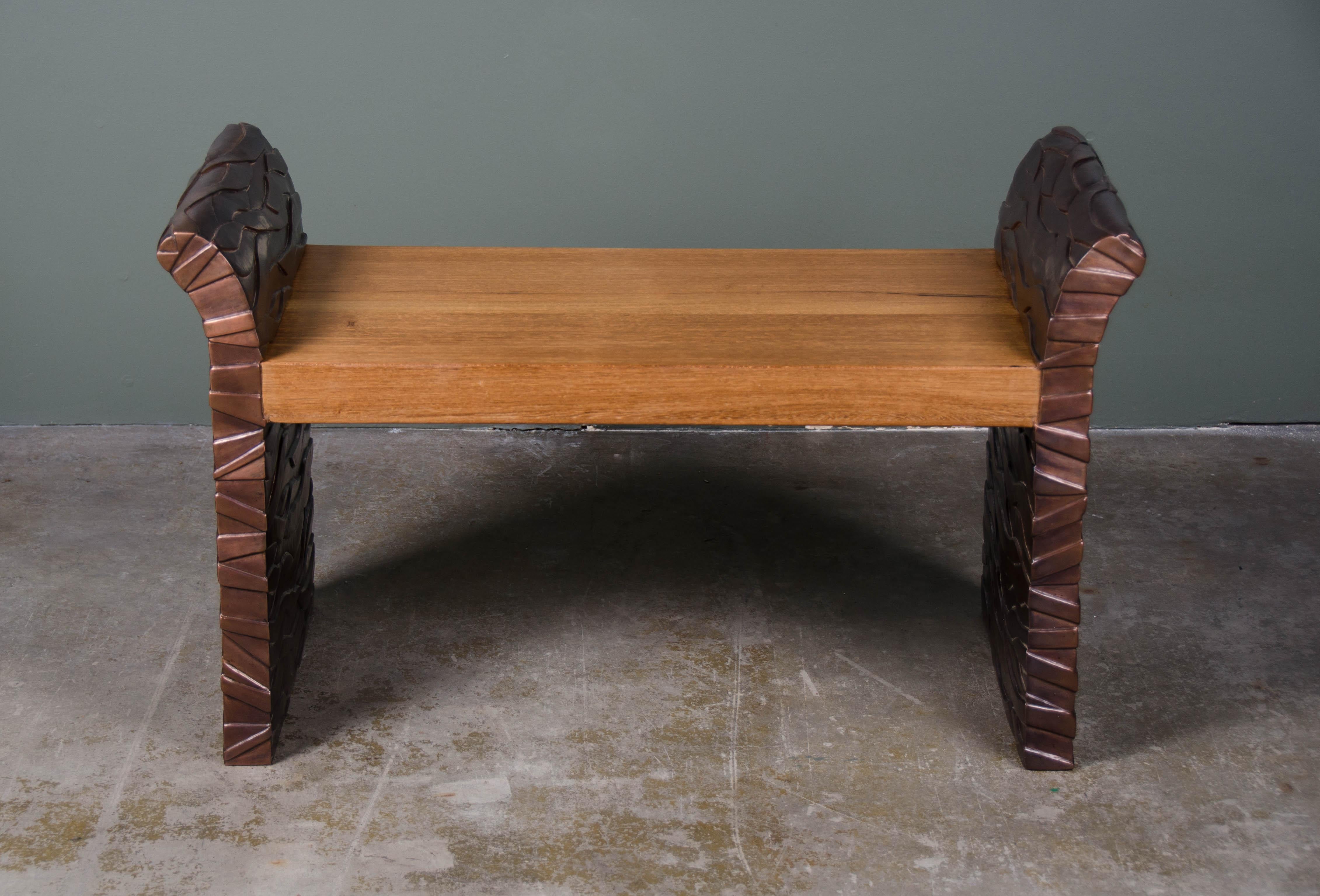 Bark Design Vanity Chair w/ Wood Seat 
Antiqued Copper
Hand Repoussé
Copper
Wood
Limited Edition
Contemporary

Repoussé is the traditional art of hand-hammering decorative relief onto sheet metal. The technique originated around 800 BC between Asia