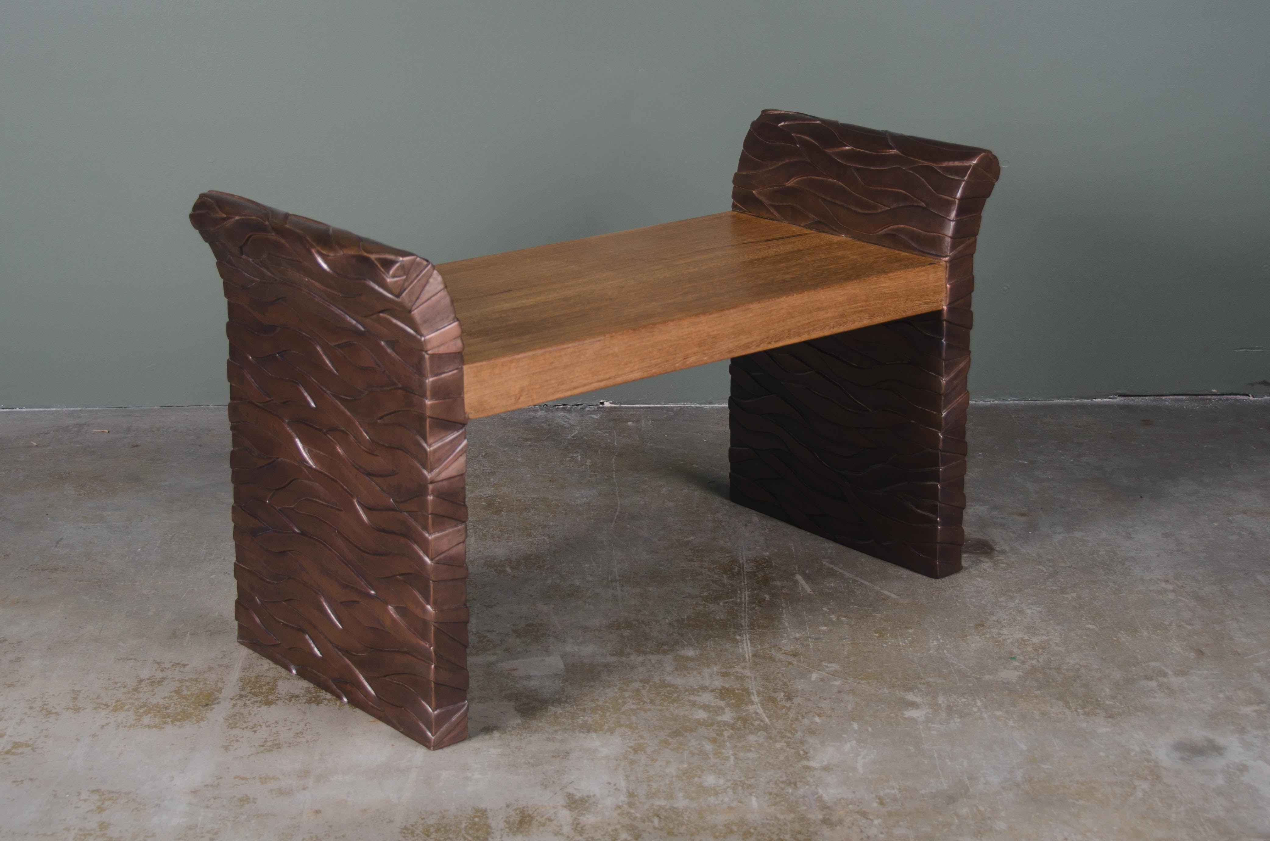 Repoussé Contemporary Bark Design Vanity Chair with Wood Seat in Copper by Robert Kuo For Sale