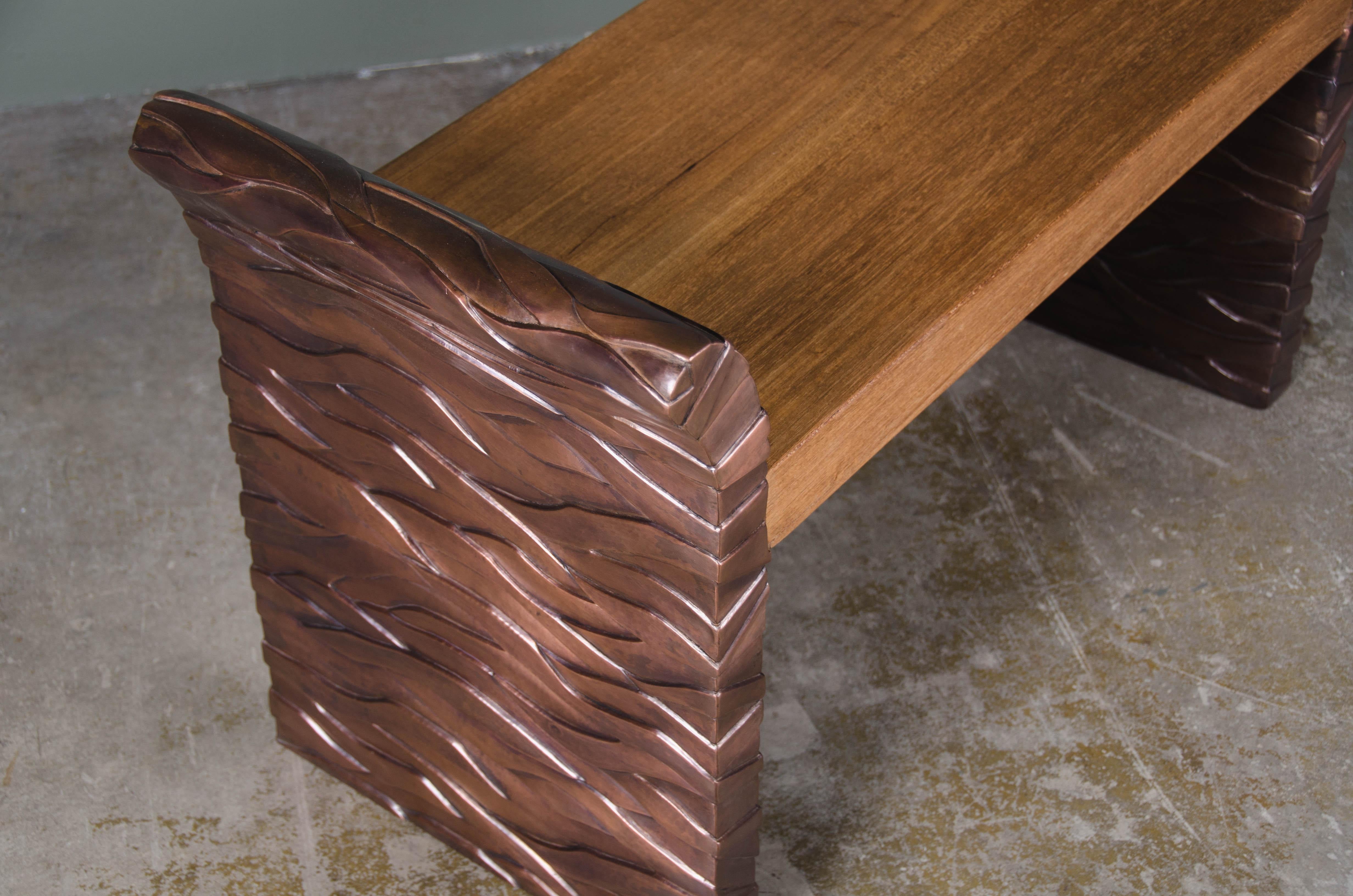 Contemporary Bark Design Vanity Chair with Wood Seat in Copper by Robert Kuo In New Condition For Sale In Los Angeles, CA