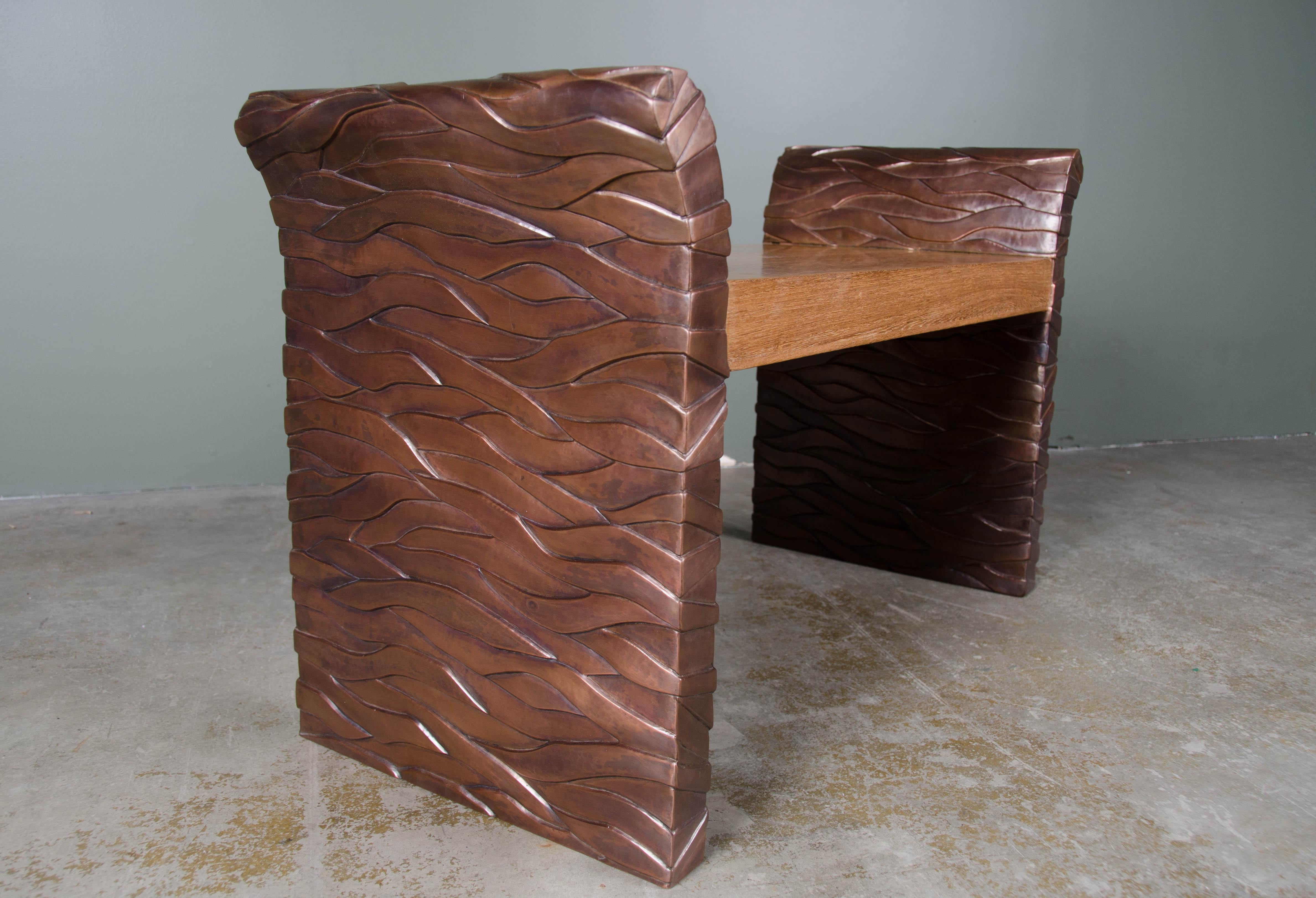 Contemporary Bark Design Vanity Chair with Wood Seat in Copper by Robert Kuo For Sale 1