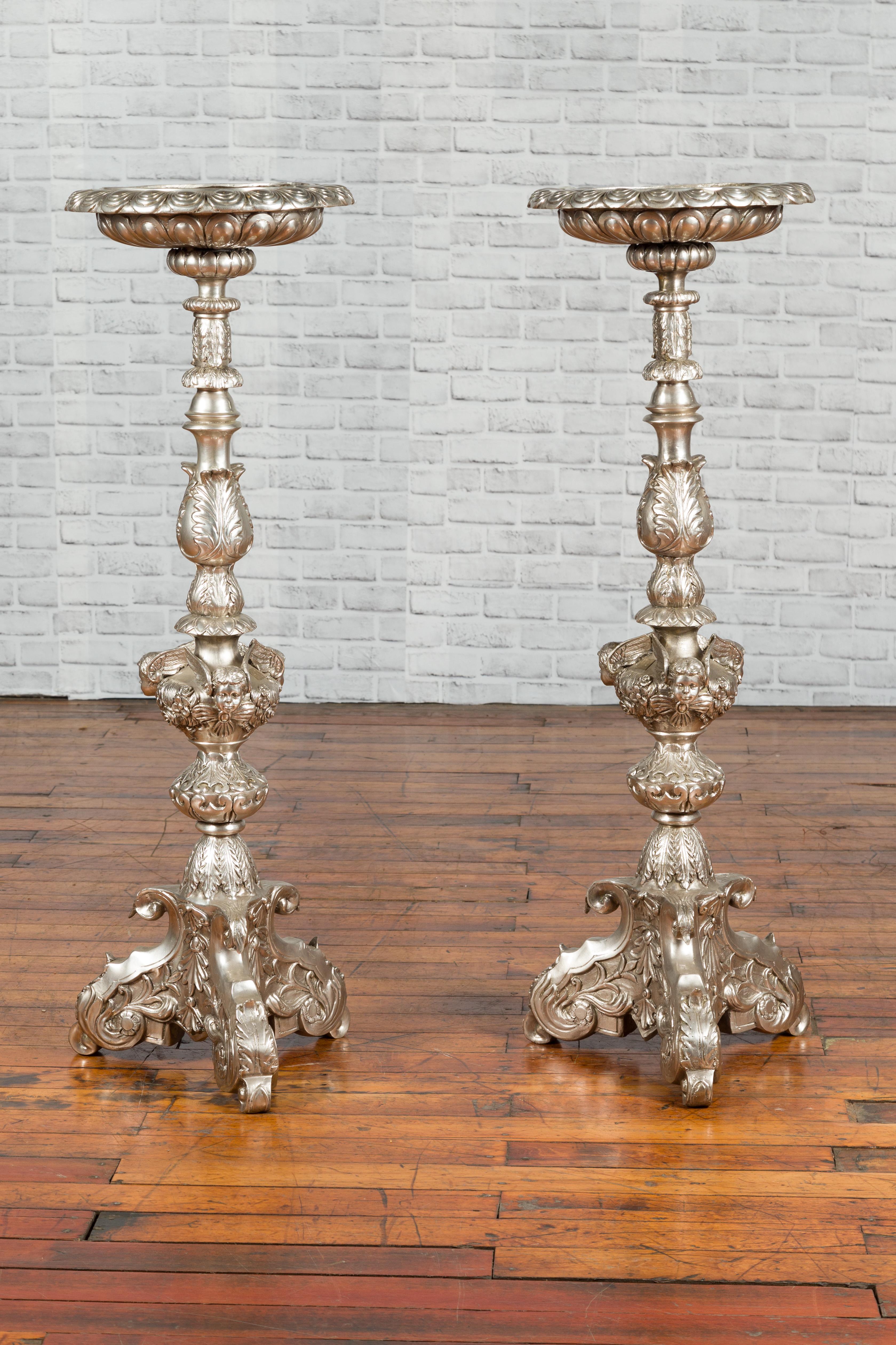 Contemporary Baroque Style Silver Plated Bronze Candlestick with Cherub Figures For Sale 7