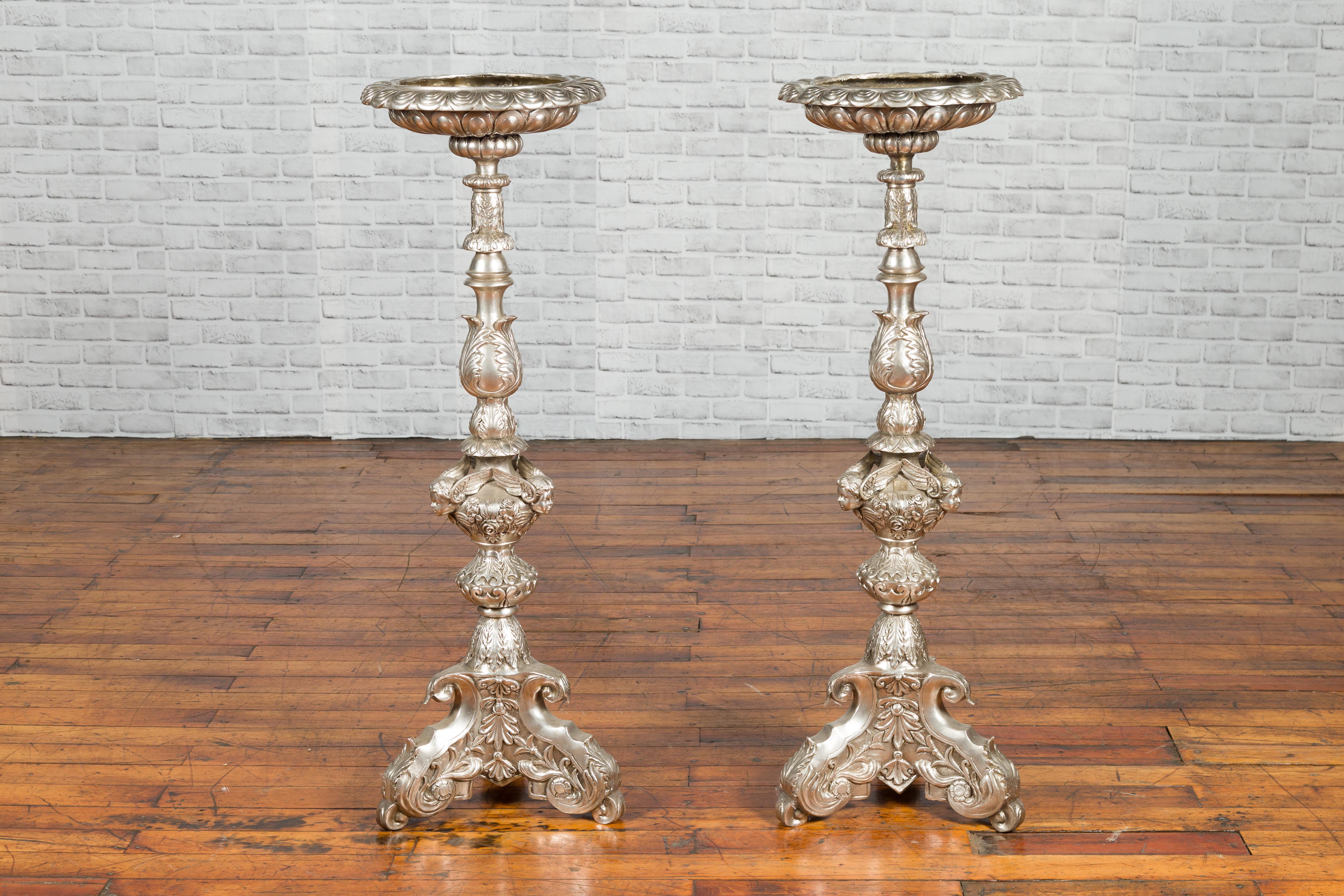 Contemporary Baroque Style Silver Plated Bronze Candlestick with Cherub Figures For Sale 9