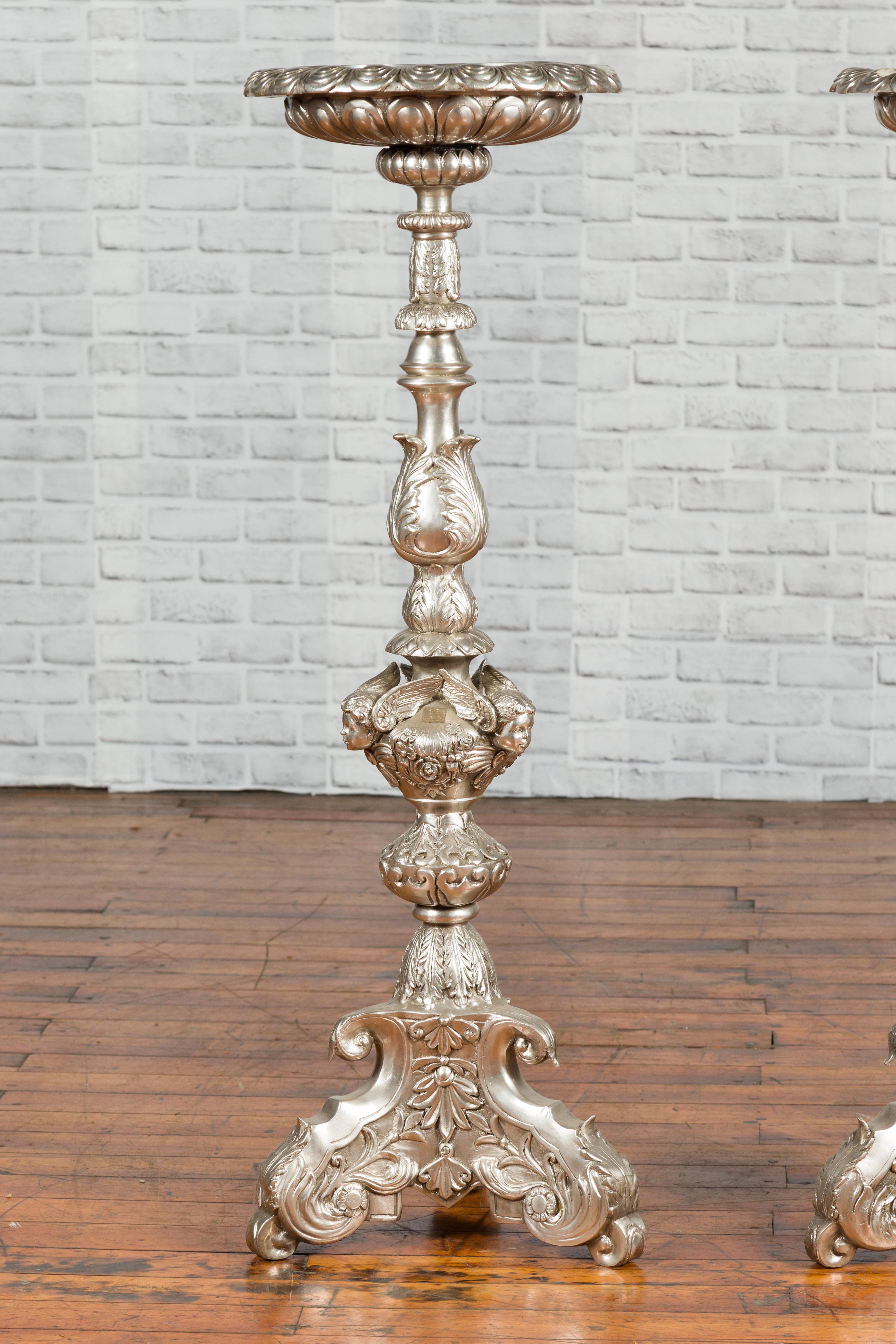 Contemporary Baroque Style Silver Plated Bronze Candlestick with Cherub Figures In Good Condition For Sale In Yonkers, NY