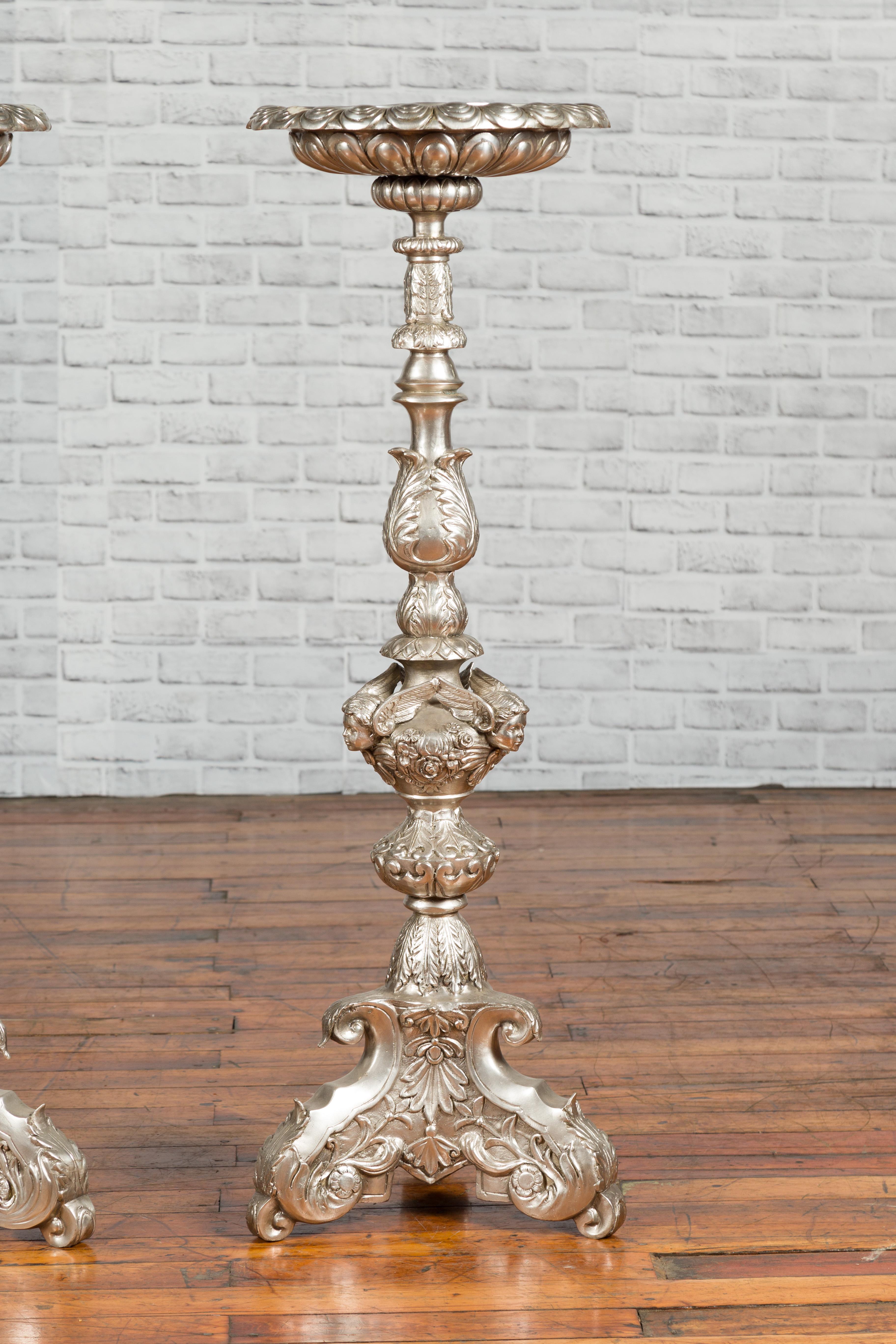 Large Baroque Style Silver Plated Bronze Candlestick with Cherubs, Sold Each 1