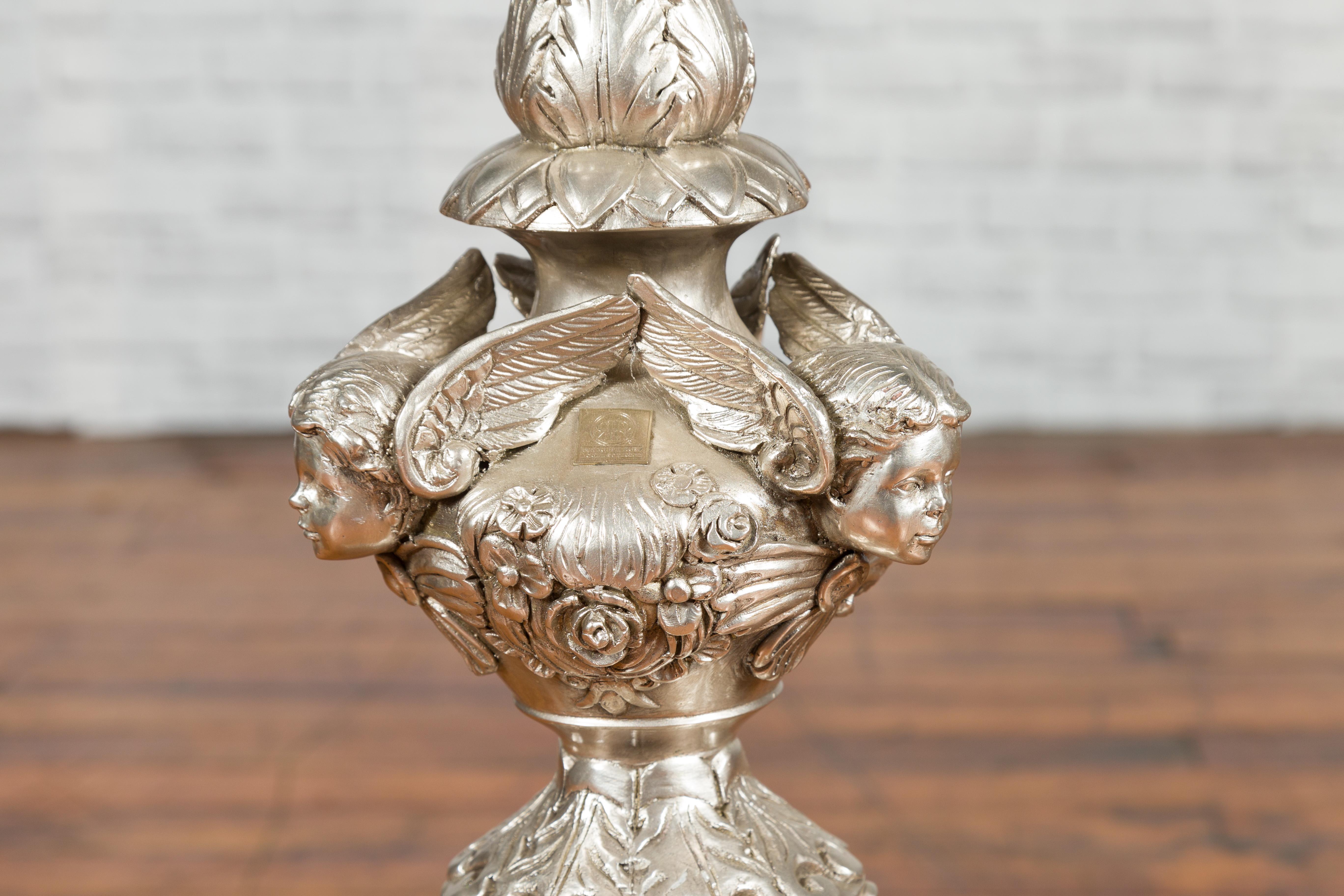 Contemporary Baroque Style Silver Plated Bronze Candlestick with Cherub Figures For Sale 4